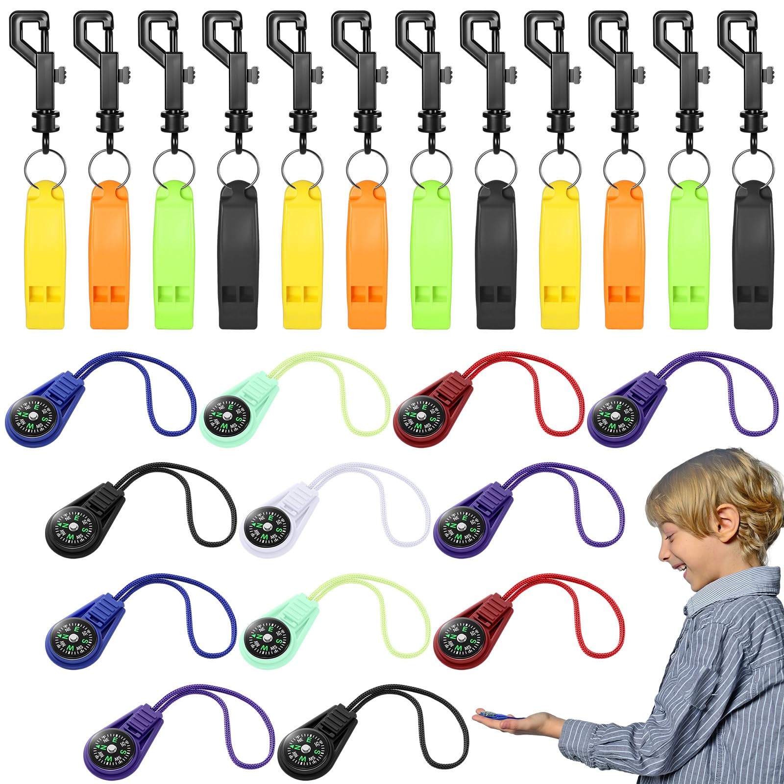 Relaxweex Juego de 24 piezas de brújula y silbato para niños, 12 mini brújula de bolsillo para senderismo, paracaídas, 12 silbatos pequeños, llavero con cordón para senderismo, supervivencia