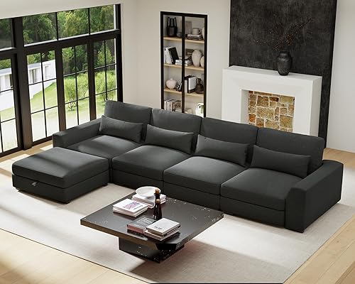 Miniatura 3 de Sofás seccionales para sala de estar, sofá modular grande de 5 asientos, lino de terciopelo con almacenamiento de asiento profundo, sofá convertible