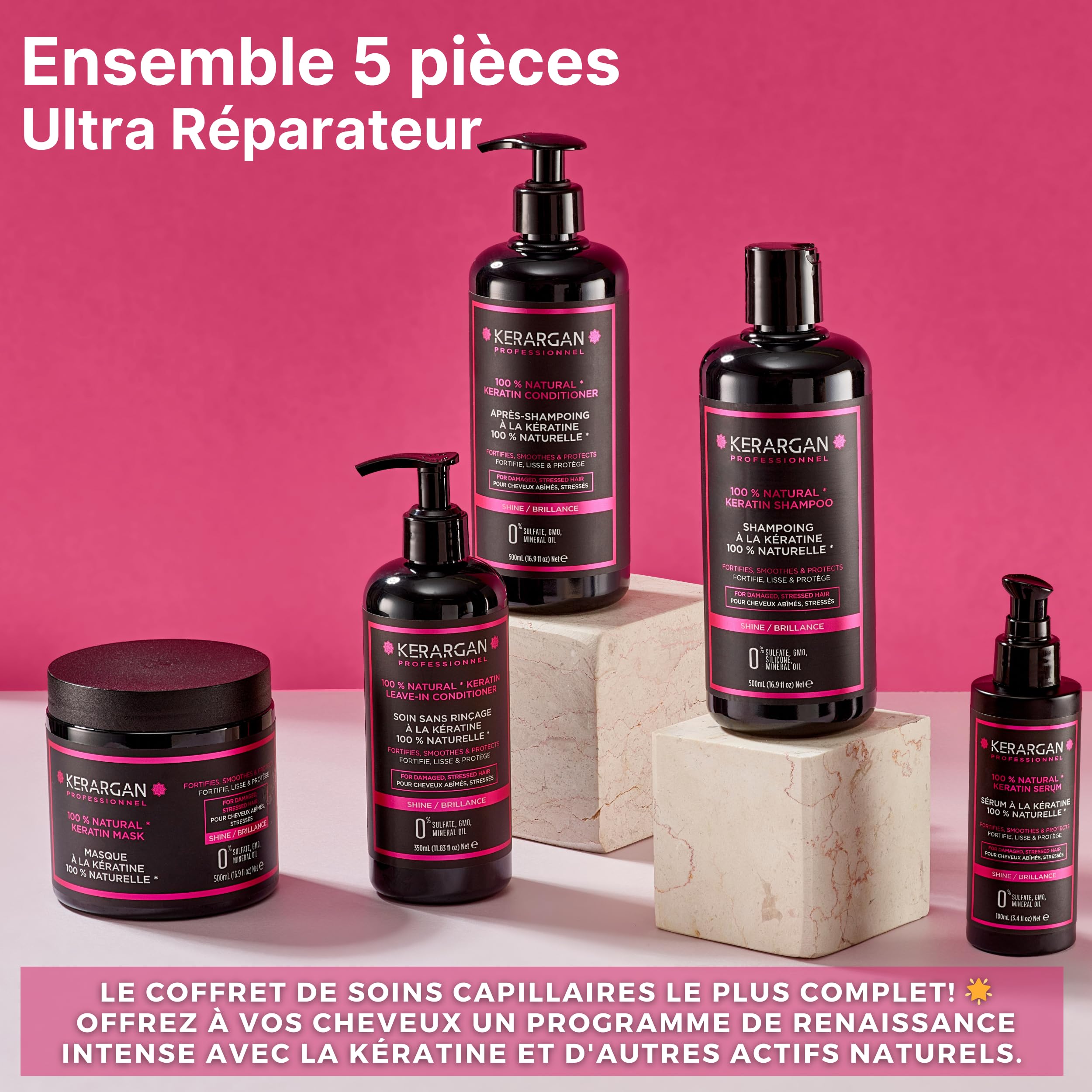 Kerargan - Ensemble Ultra Réparateur Shampoing, Après-shampoing, Masque, Sérum & Leave-In à la Kératine - Rénove & Protège Cheveux Abîmés - Sans Sulfate, OGM, Silicone - 3x500 ml + 100 ml + 350 ml | Shampoing, après-shampoing, masque, sérum et soin sans r