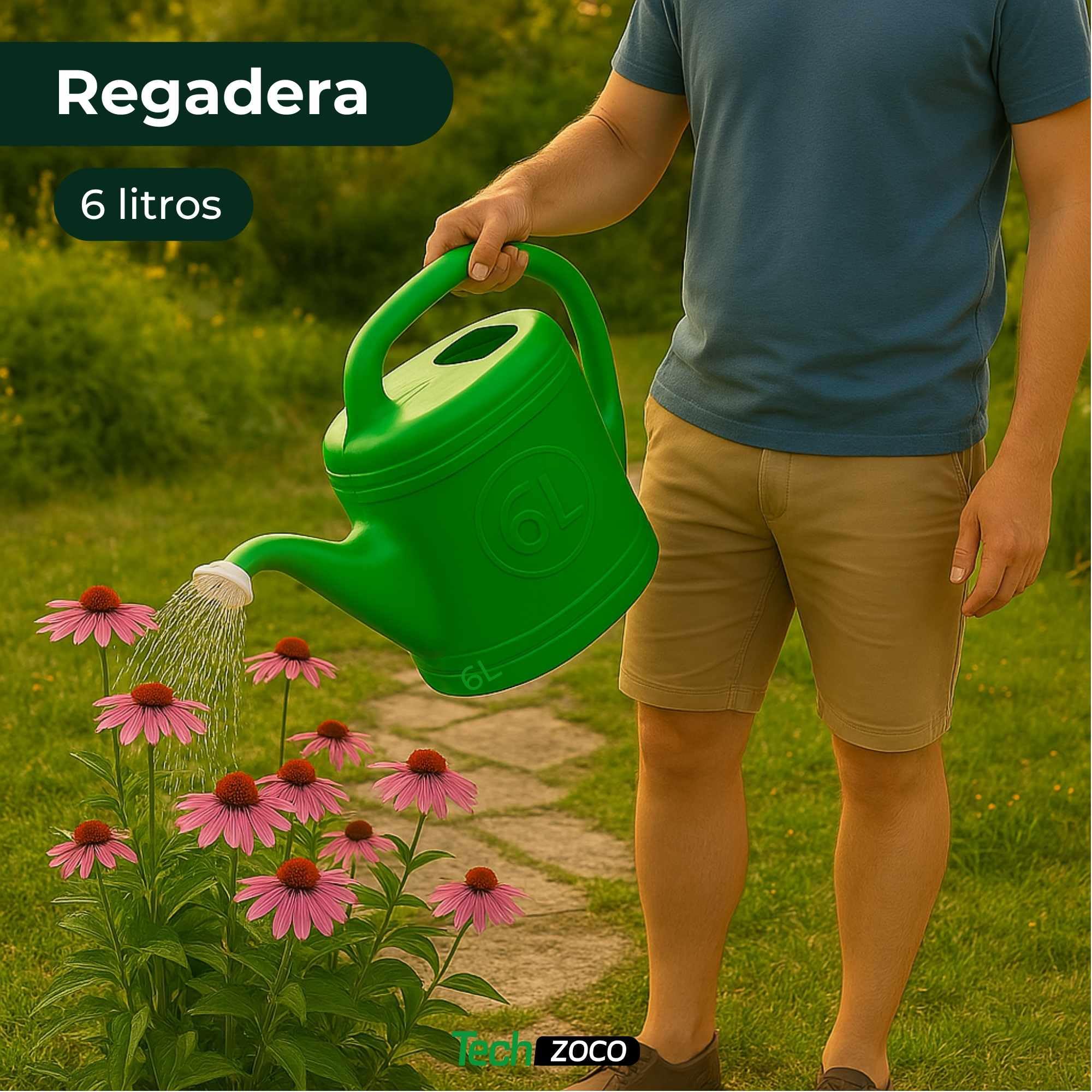 TECHZOCO Regadera de plástico, Regadera para Interior y Exterior, regadera de jardín, Diseño con Pico, Accesorio de riego, Asa de Transporte, Cabezal Efecto Lluvia, Verde, 6 litros