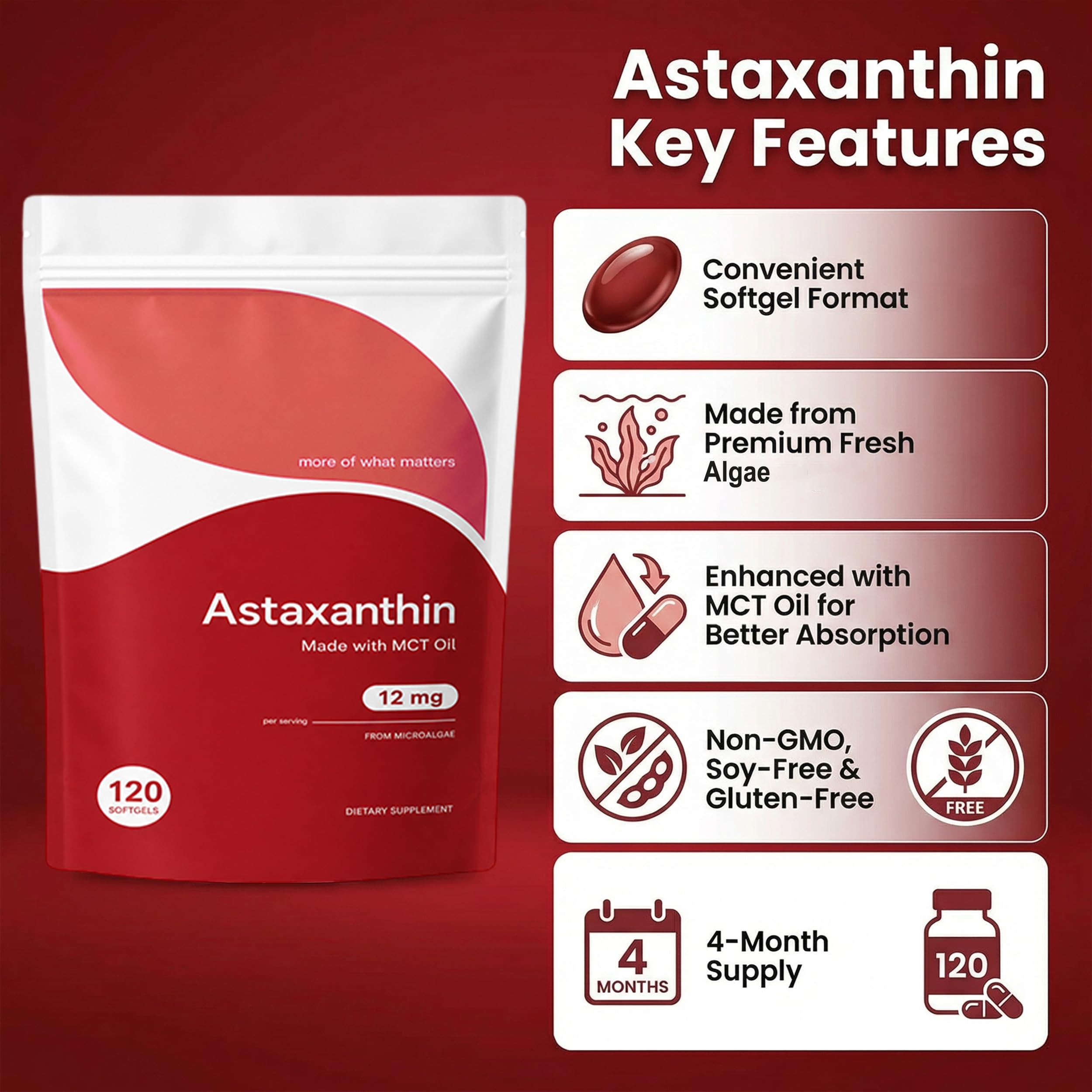 Astaxanthin, 4 Month Supply, Astaxanthin 12mg Antioxidant Supplements Supports Eye, Skin, Antioxidant, Joint, Circulatory Health