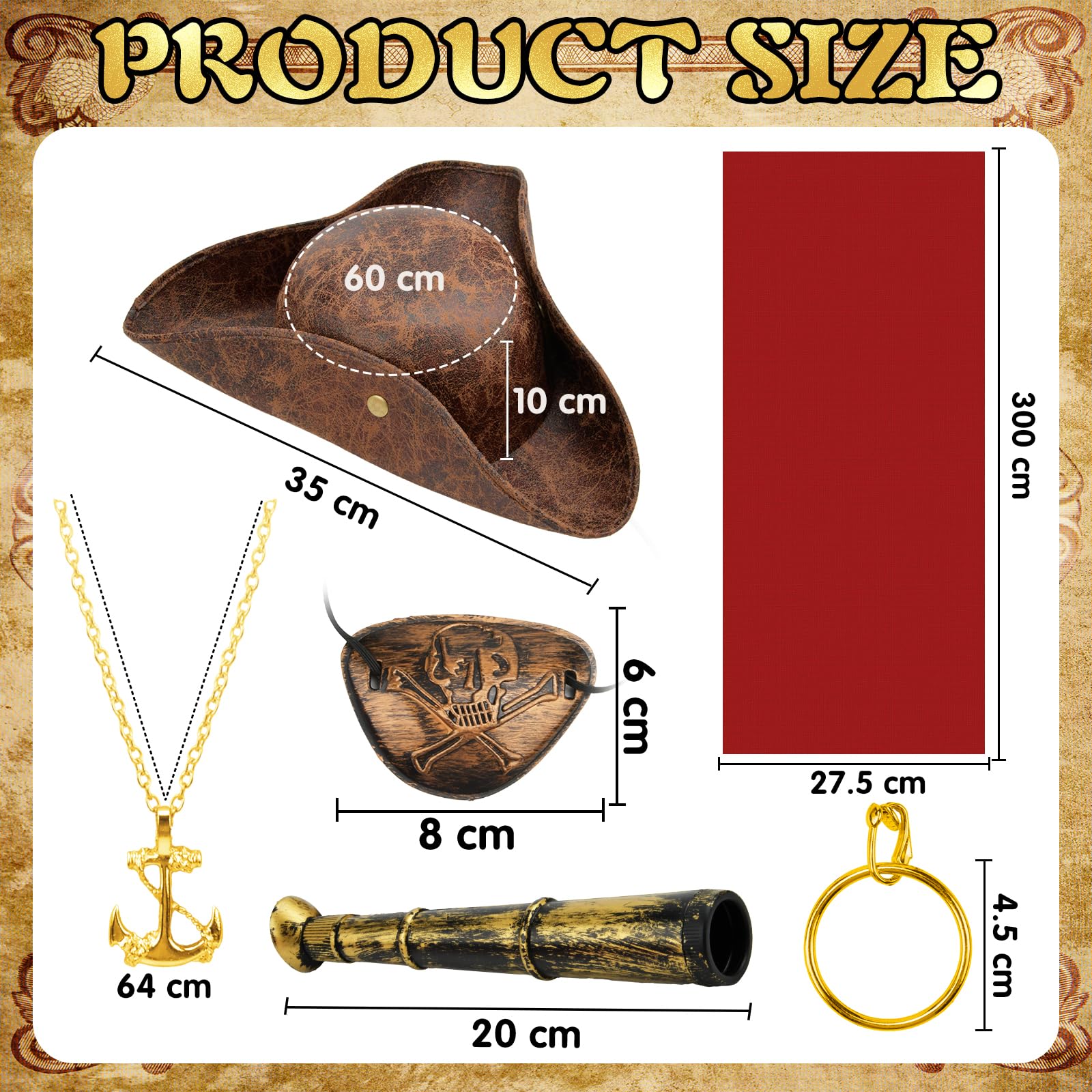 Halloween Pirate Costume Set including Pirate Hat, Red Waist Scarf; Telescope; Anchor Necklace - Image 2