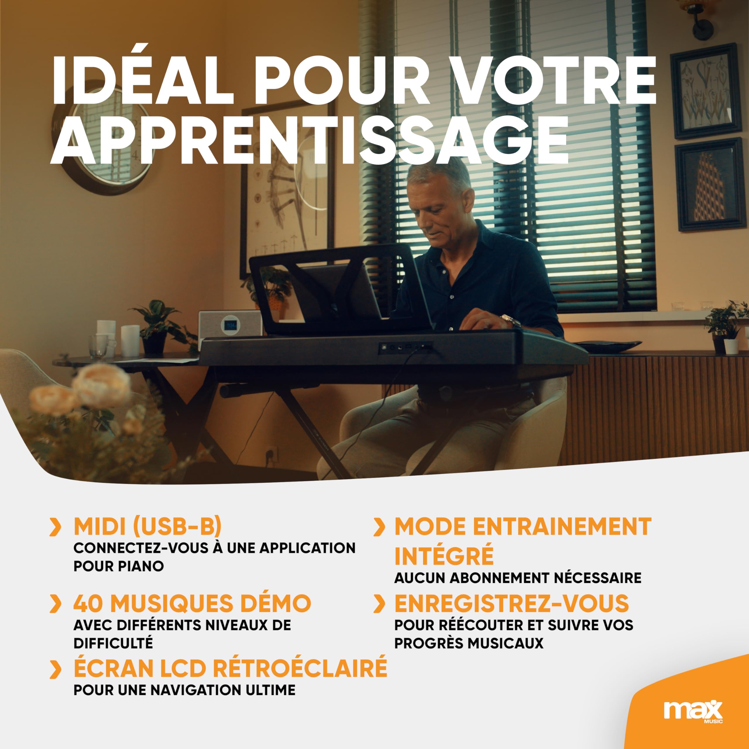 Max Rhapsody61P Clavier Électronique, 61 Touches Sensibles à la Vélocité, Pack complet, Connexion MIDI et Pédale de Sustain, Deux Haut-parleurs Intégrés, Molette de Pitch Bend
