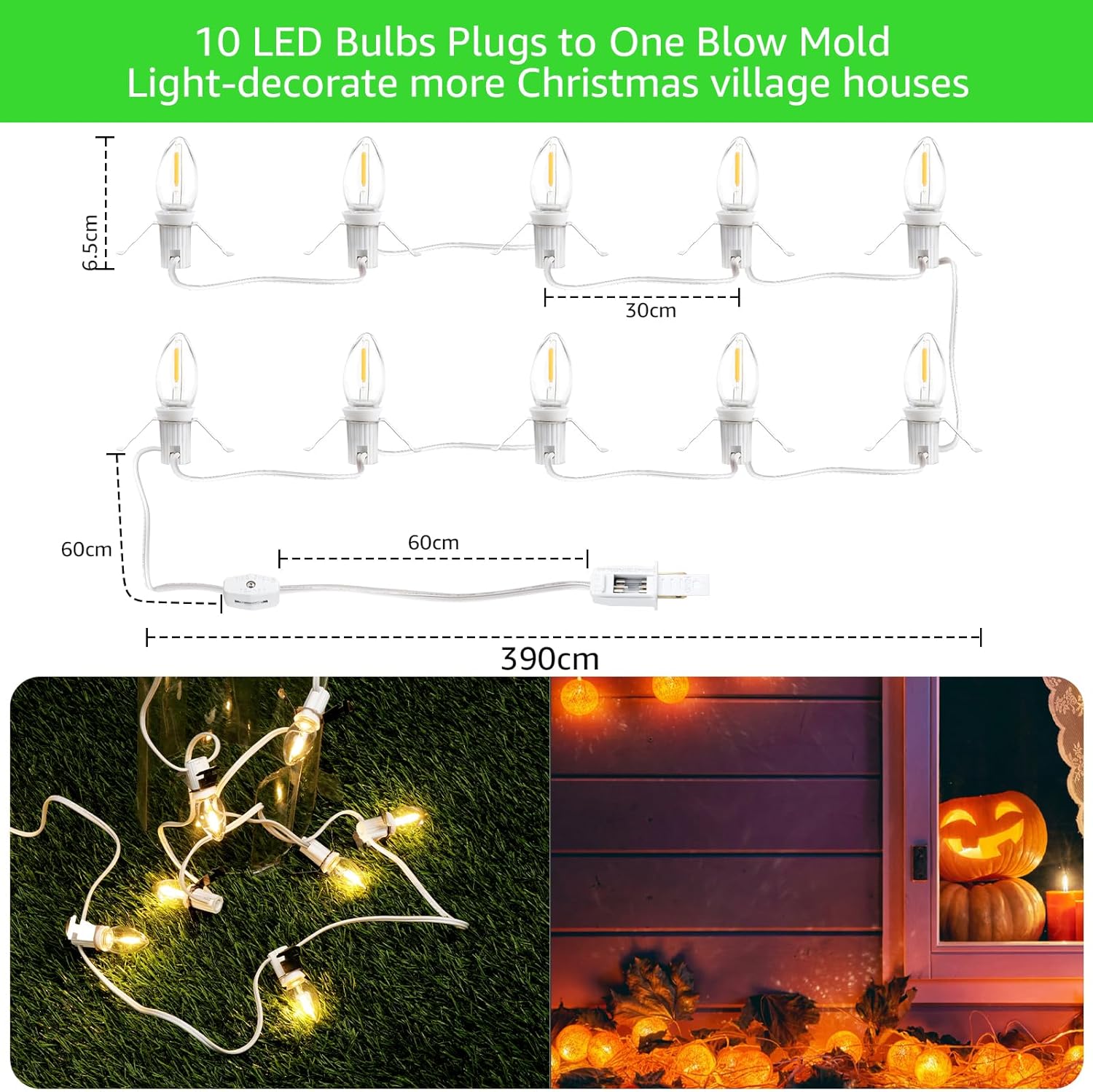 Christmas Village Lights with 10 LED Warm-White Bulb,Decoration for Christmas Village Houses,Halloween Holiday,C7 Light Cord
