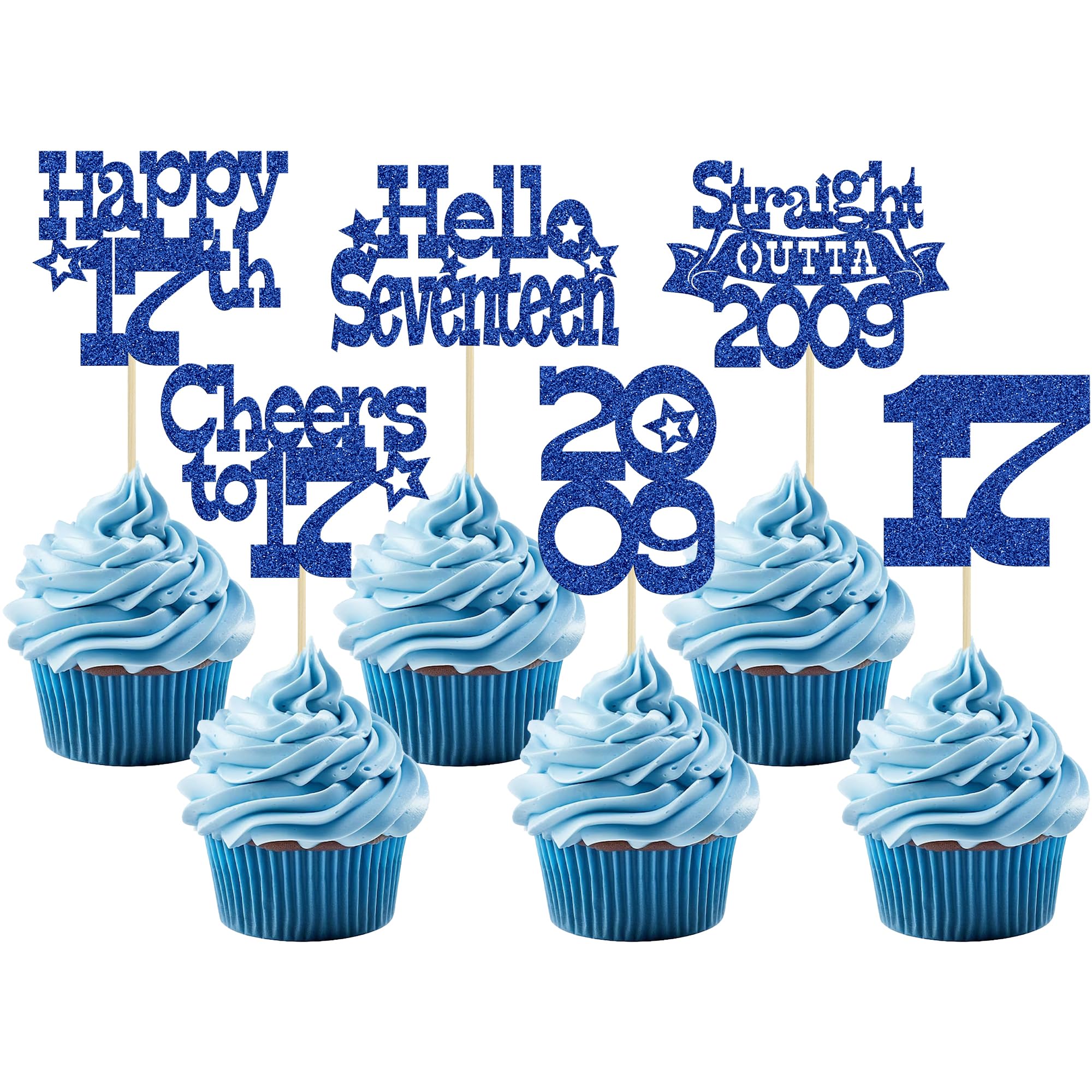 Ephlyn 30Pcs Happy 17th Birthday Cupcake Toppers Glitter Seventeen Straight Outta 2009 Cupcake Picks Cheers to 17 Years Cake Decorations for 17th Birthday Anniversary Party Supplies Blue