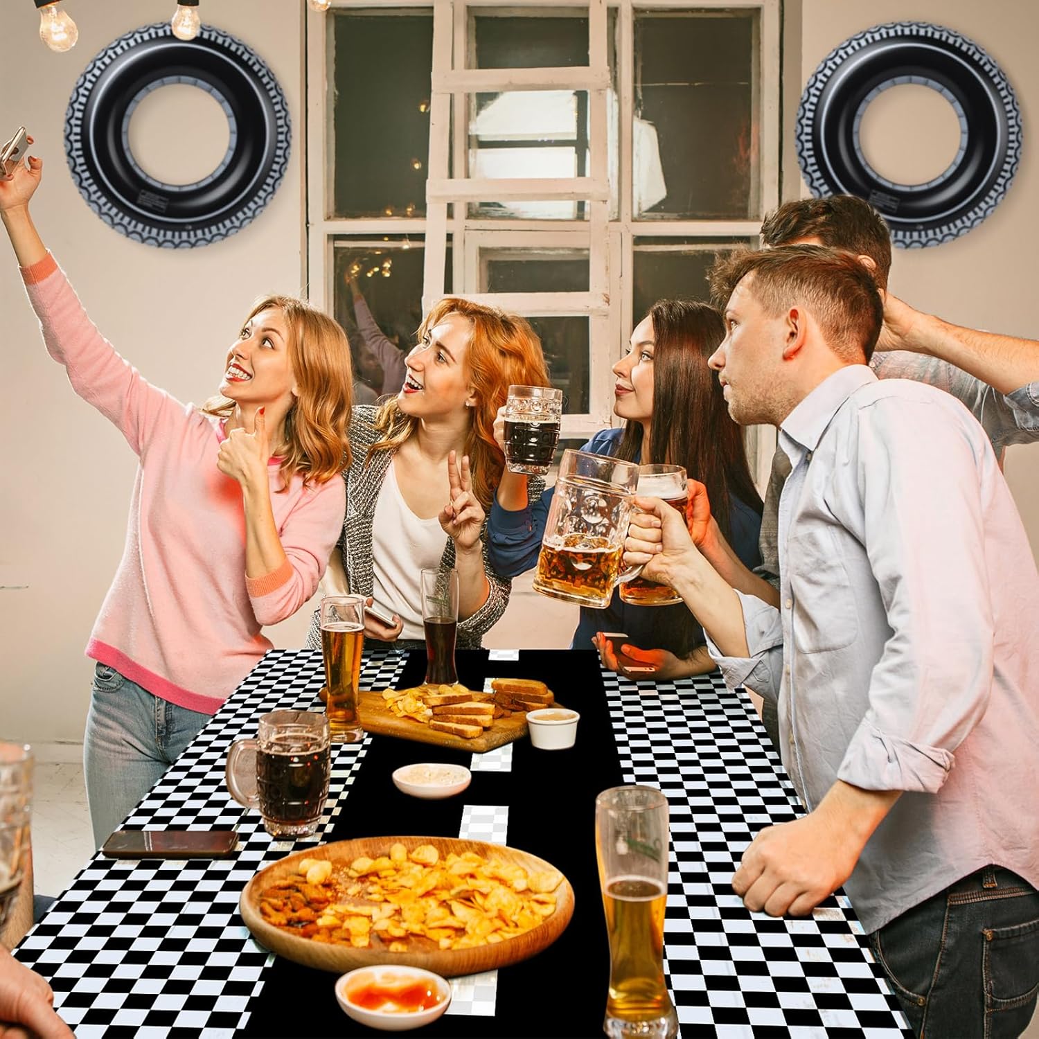 6 Pcs Racing Birthday Party Supplies Include Checkered Tablecloth Road Table Runner and Inflatable Tire Tubes for Racing Car Theme Party Decorations