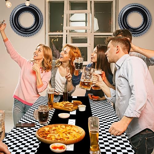 Miniatura 6 de 6 piezas de suministros de fiesta de cumpleaños de carreras, incluye mantel a cuadros camino de mesa y tubos inflables para neumáticos para