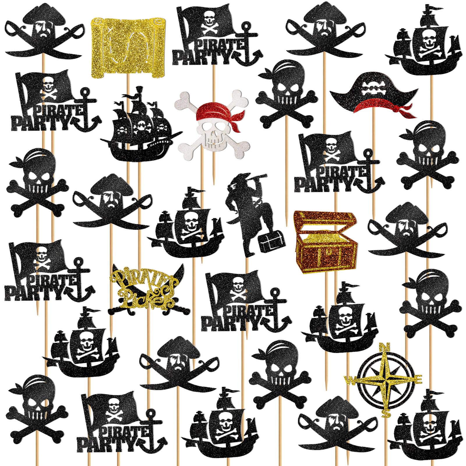 YGAOHF Pirate Cupcake Toppers, 32 Pcs Flag Toothpicks, Black Sailing Skull Cap Cupcake Picks for Kids Birthday Party, Baby Shower, Cake Decorations