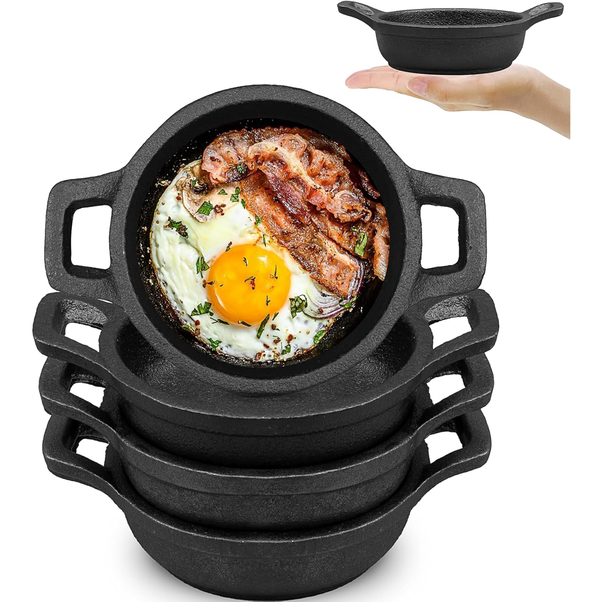 OJMHD 4 Set Mini Cast Iron Skillets, 11 cm Small Cast Iron Serving Pans with Handle, Individual Round Oven Proof Casserole for Kitchen Eggs Gratin Tapas Curry and Meat, Black