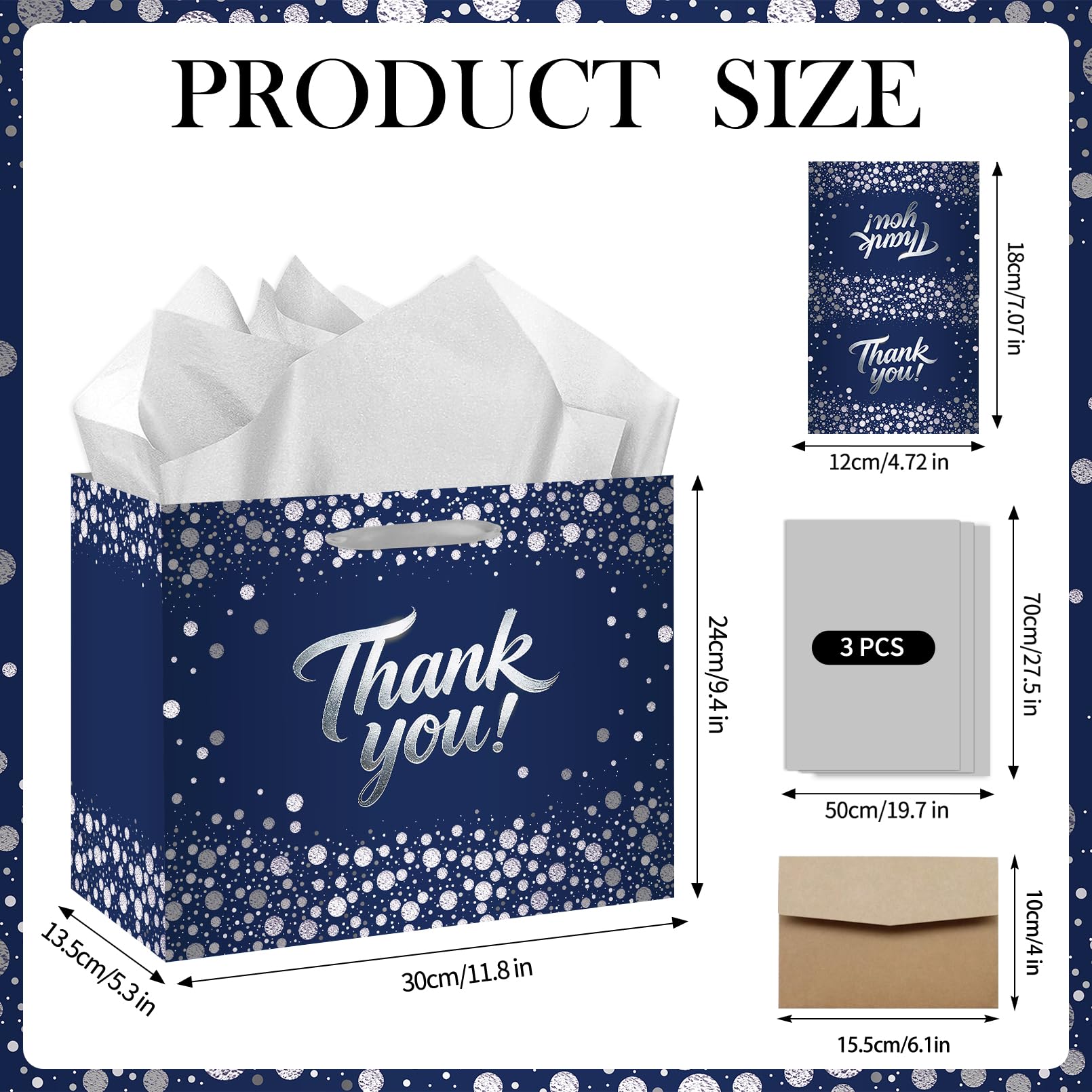 Large Thank You Gift Bag - Blue Silver Gift Wrapping Paper Bag with Tissue Paper and Greeting Card with Envelope - Elegant Silver Foil Design for Weddings, Baby Showers, Graduation, and Corporate Events