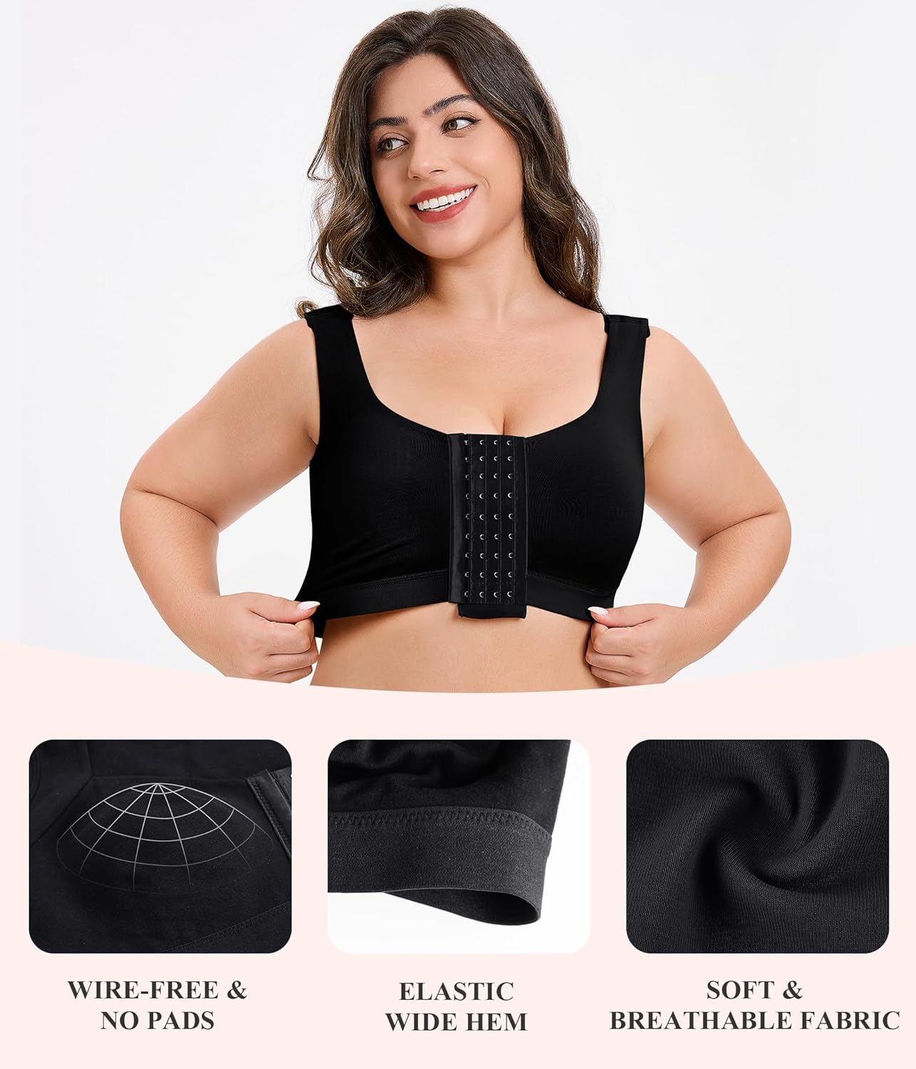 CYDREAM Wireless Front Closure Bra for Women Compression Back Smoothing Post Surgery Bra Adjustable Straps - Image 5