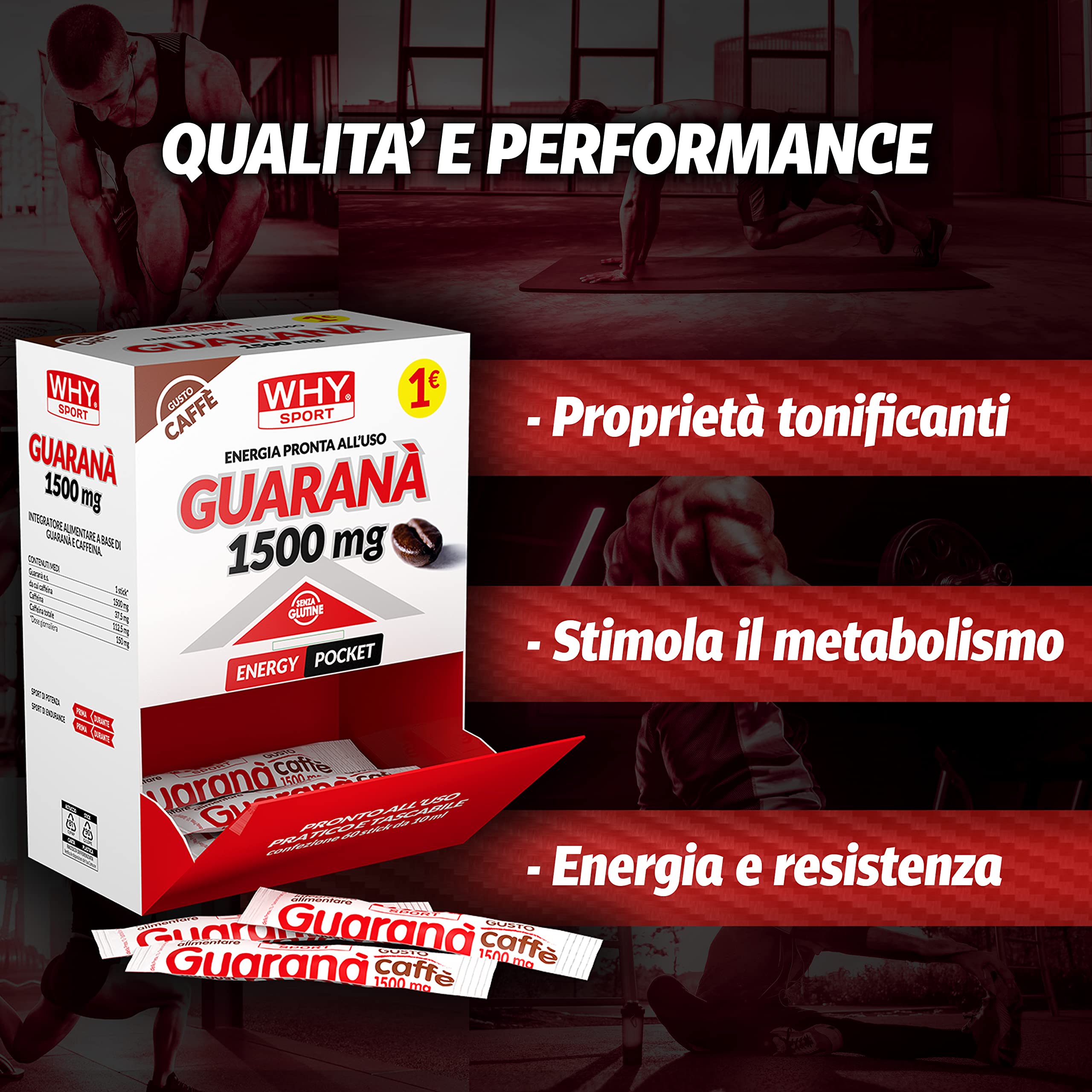WHY SPORT GUARANÀ 1500 MG - Integratore Alimentare a Base di Guaranà e Caffeina - Gusto Caffè - 60 Sticks da 10 ml ciascuno