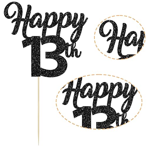 Miniatura 3 de Decoración para tartas de feliz cumpleaños número 13 unidades, con purpurina negra, para decoración de tartas de 13 años, decoración de tartas de 13