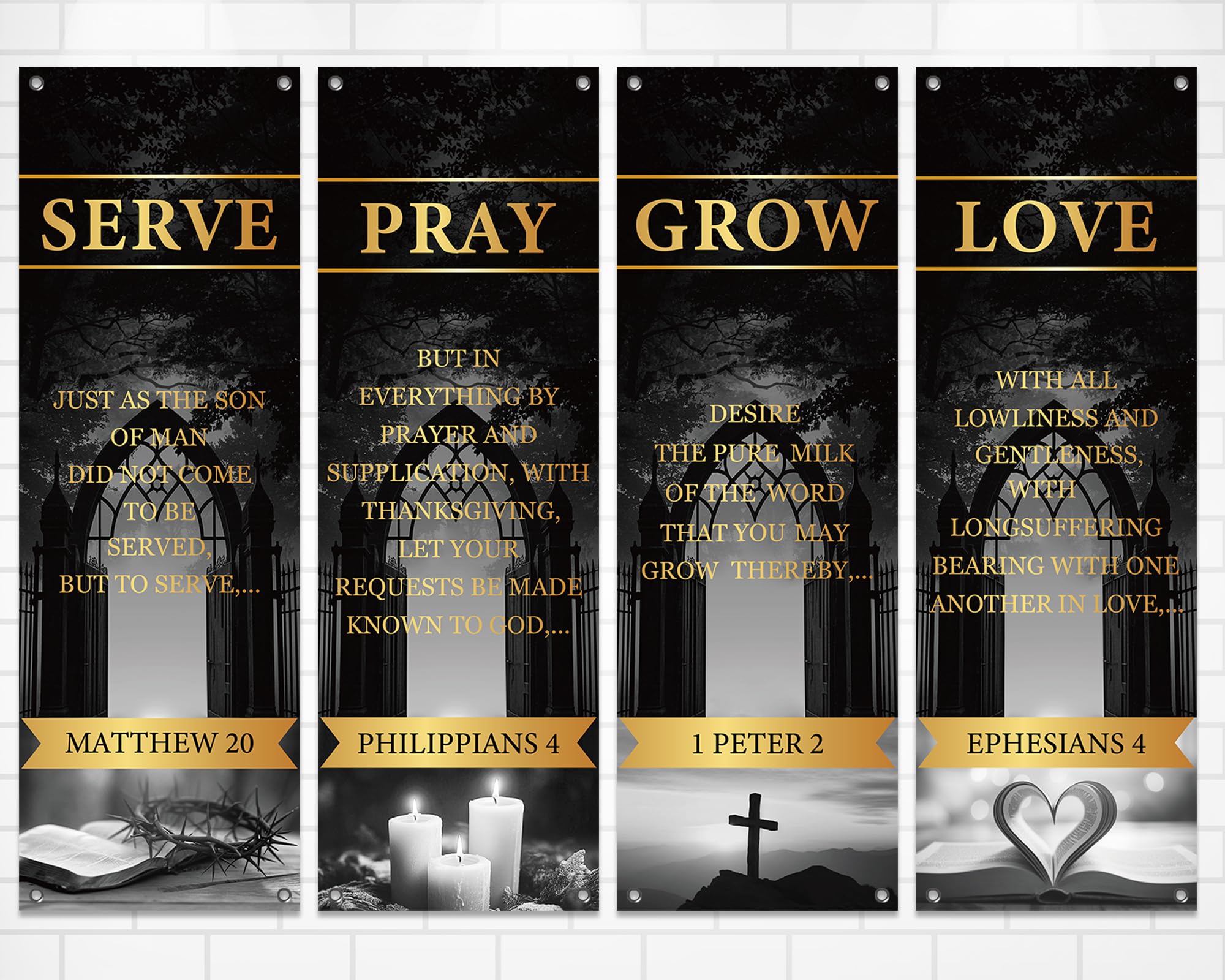 4Pcs Church Banners for Sanctuary Wall Welcome Religious Banners Hanging Backdrop Serve Grow Love Pray Church Hanging Signs Bible Verses Banner Scripture Church Hanging Signs for Church School Decor