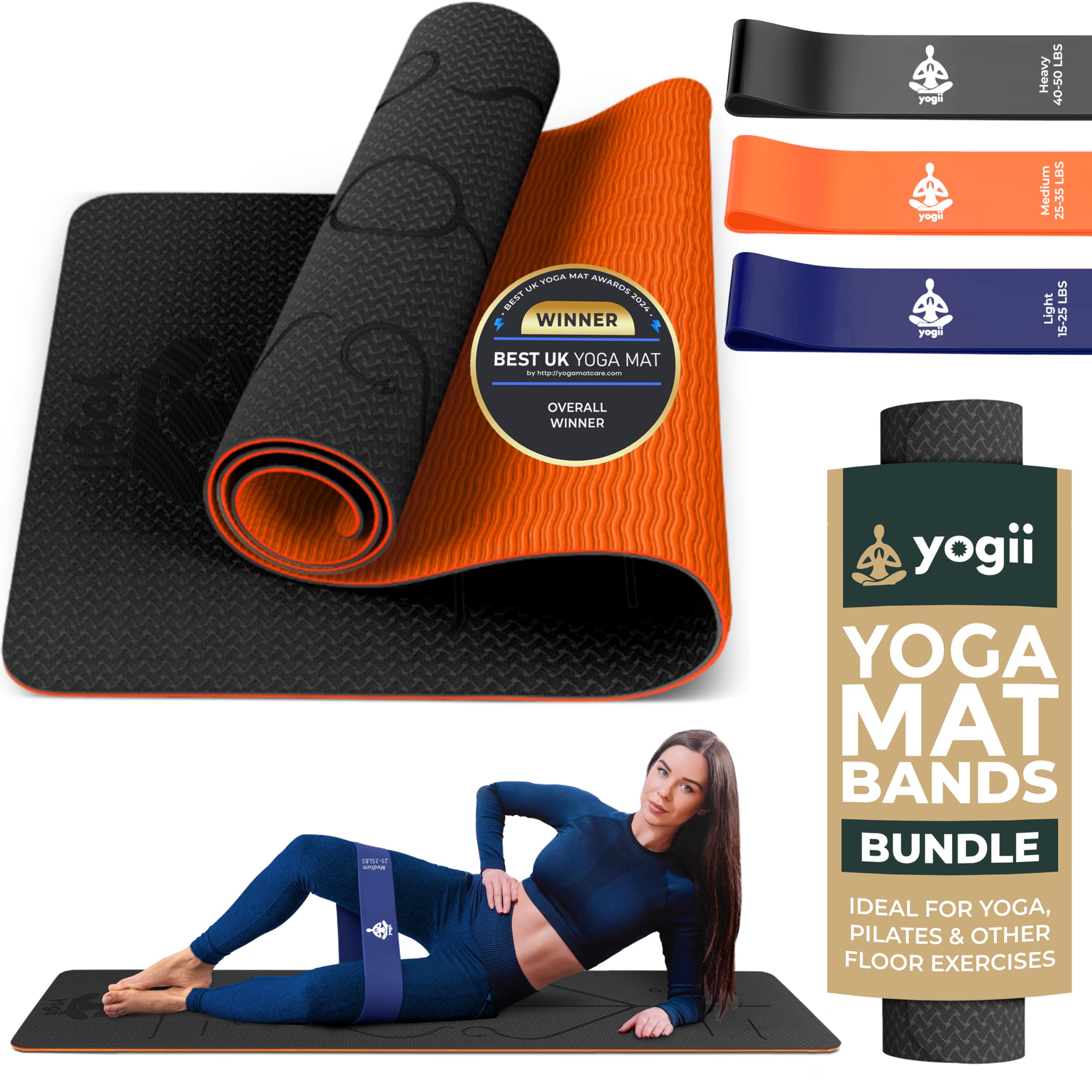 YogiiYoga Mat and Resistance Bands - Non-Slip 6mm Thick TPE & Travel-friendly Yoga Mat - Perfect for Home & Gym Exercise Fitness & Pilates - With Laser Alignment Guides for Men & Women (Black/Orange)