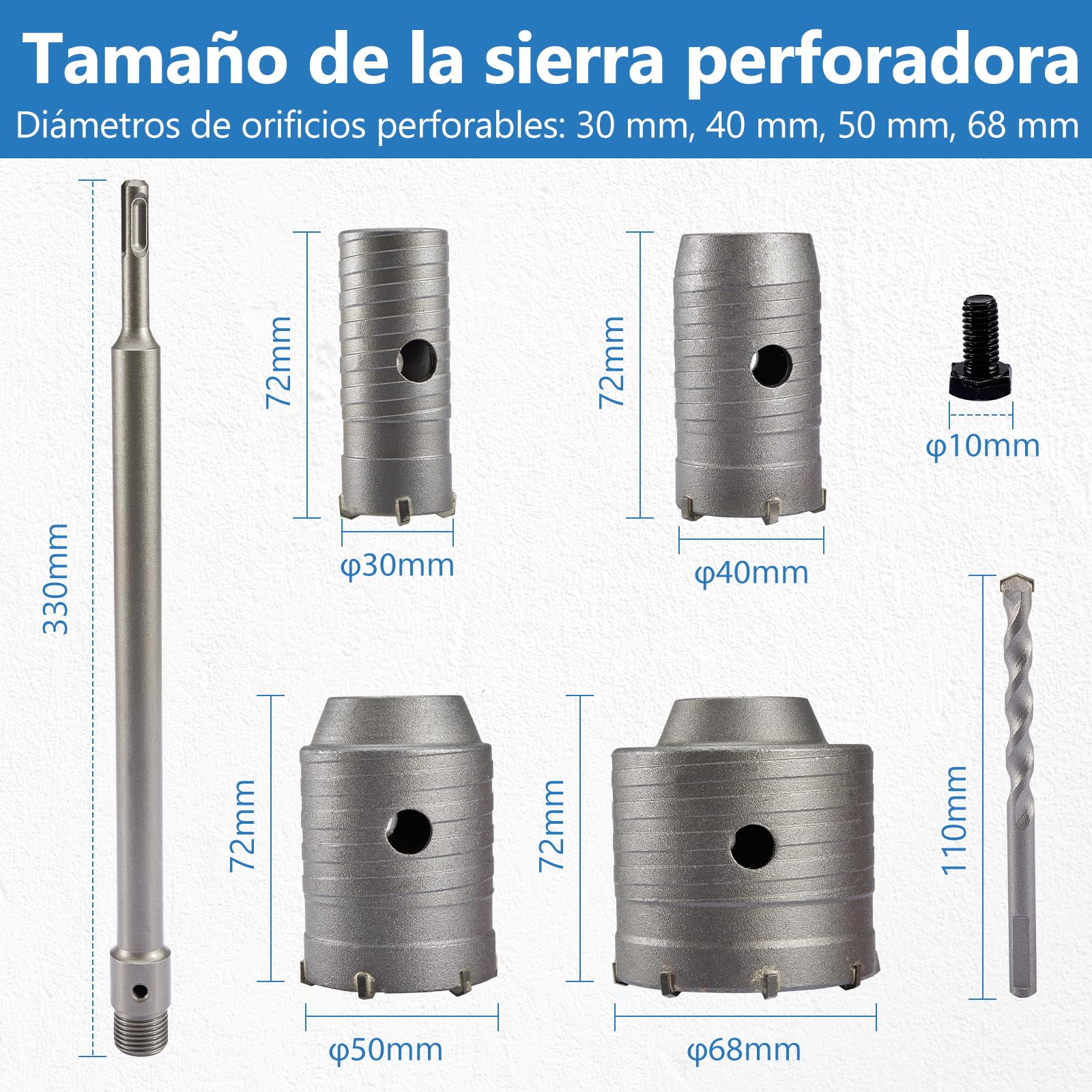 Brocas Hormigón Corona Taladro 68mm 50mm 40mm 30mm Sierra Perforadora SDS Plus 330mm