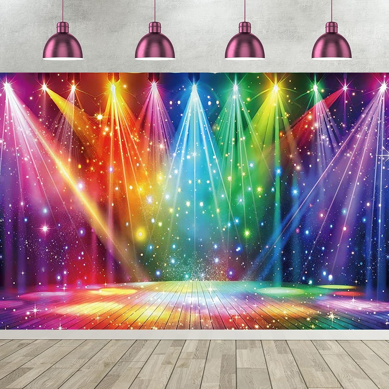 Toile de Fond Photo de Arc-en-Ciel Scène Disco 3x2.5m, Coloré Néon Lumière Scène Musique Photographie Fond 70's 80's 90's Rock Musique Club Disco Fête Décoration Bannière Photo Accessoires