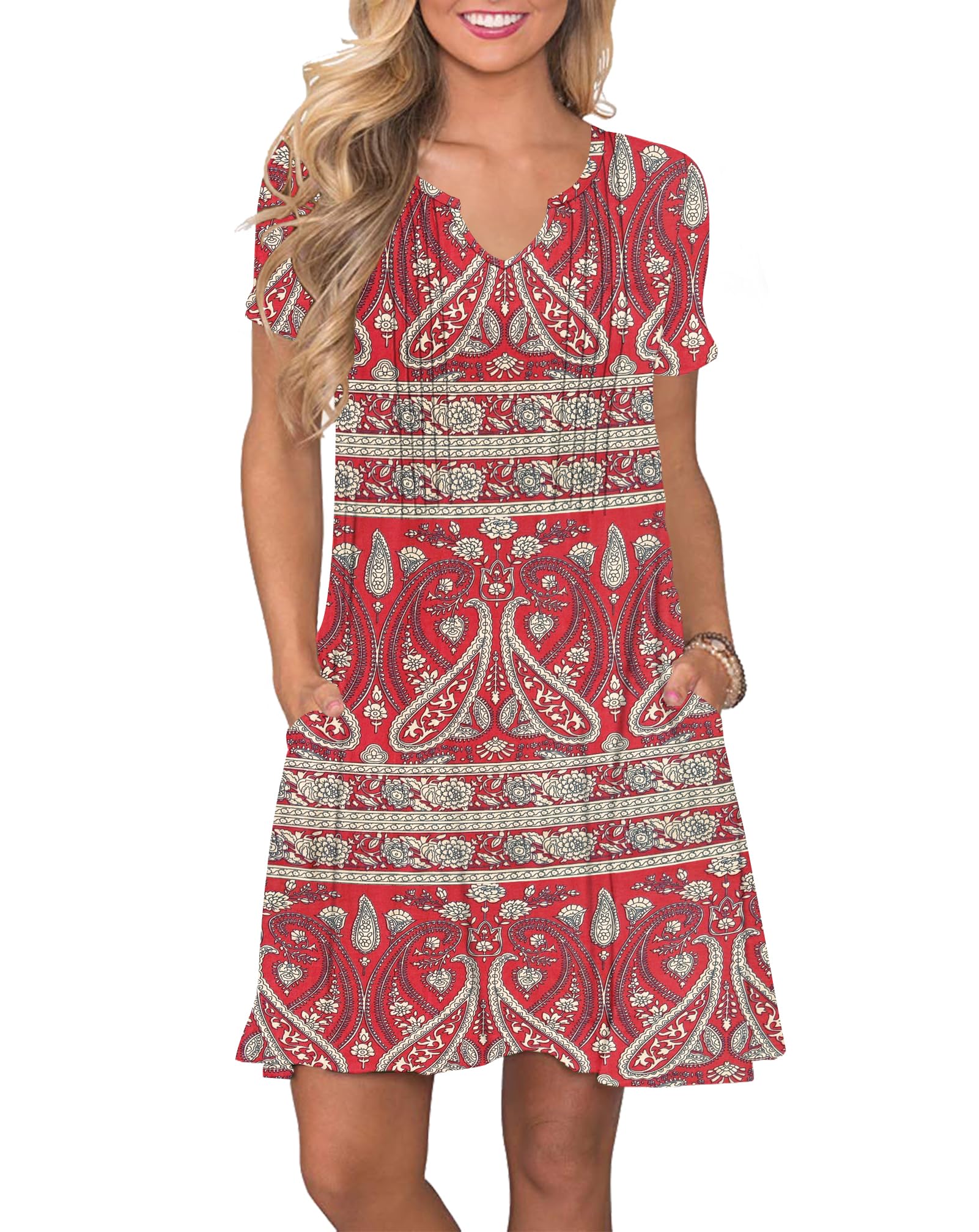 PLOKNRD Vestidos Verano Mujer Plisado T Shirt Vestidos Casual Manga Corta con Bolsillos
