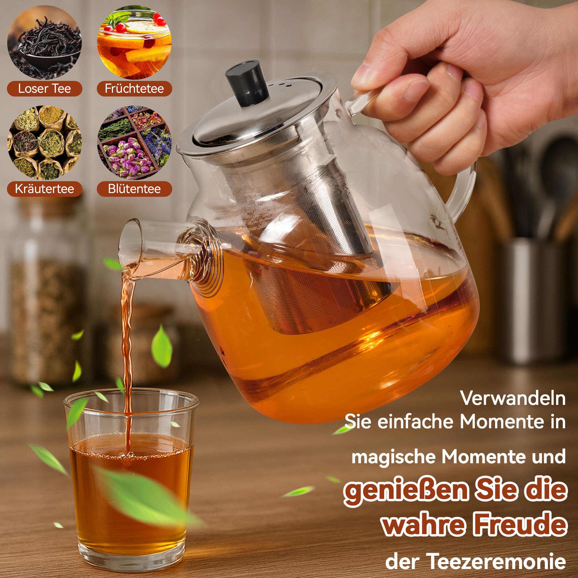 1500ml Teekanne mit Siebeinsatz, Teekanne Glas Aus Hitzebeständigem Borosilikatglas, Wasserkaraffe Geeignet Zum Aufbrühen Von Tee, Blumentee, Früchtetee, Kräutertee Und Teebeuteln, Einfache Reinigung