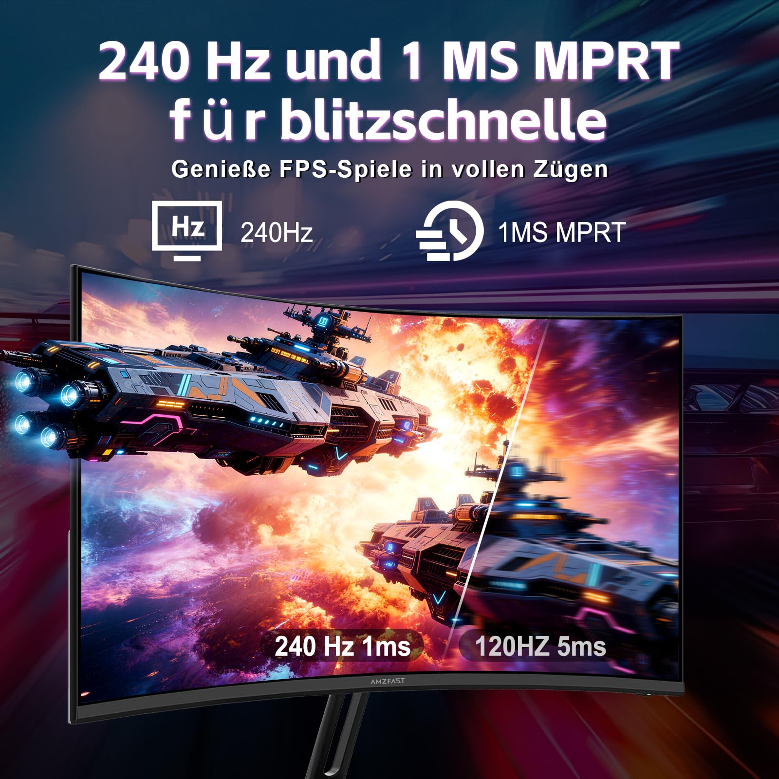 Amzfast Monitor Gaming, Schermo PC Gamer curvo 24 pollici - 240 Hz, FHD 1920 x 1080, sRGB 124% / DCI-P3 93%, 1 ms MPRT, anti-luce blu, adattatore Sync, VESA 75 x 75, AMZG24C1Pro