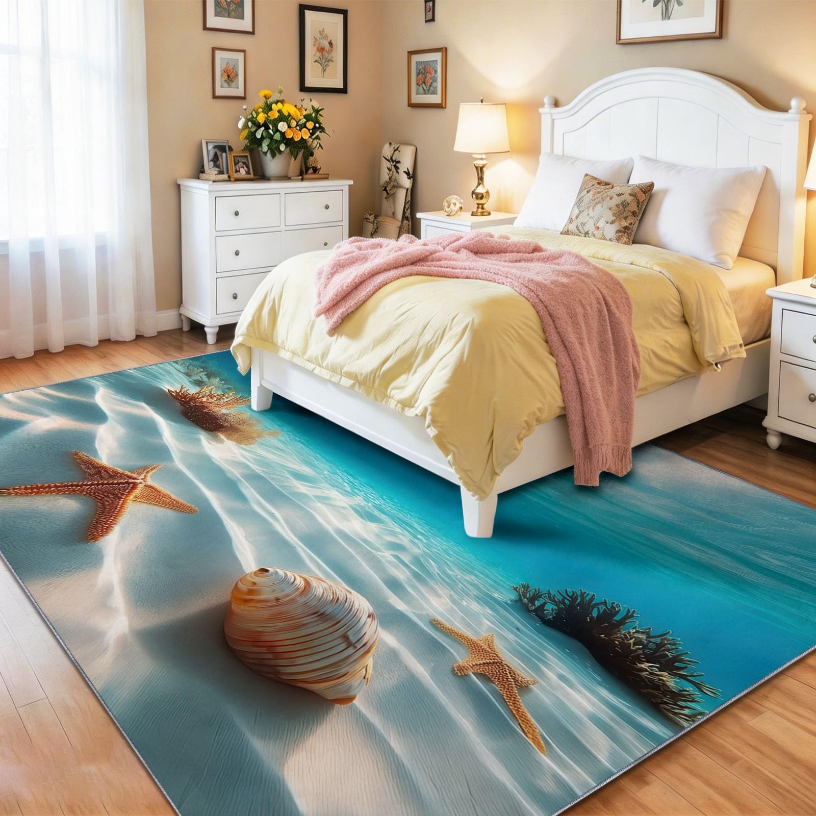 Tapis Poil Ras Antidérapante, Style Décontracté Bleu Et Blanc Lavable Machine Résistante à la Tache Moquette, Monde sous-Marin Plage Étoile De Mer Coquillage Tapis pour Couloir Chambre, 100 x 150 cm