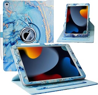 for iPad 9th/ 8th/ 7th Generation Case, iPad 10.2 Case (2021/2020/ 2019), 360 Degree Rotating Multi-Angle Viewing Stand, iPad 9/8/ 7 Gen 10.2 inch Leather Cover for Men Women- Marble Blue