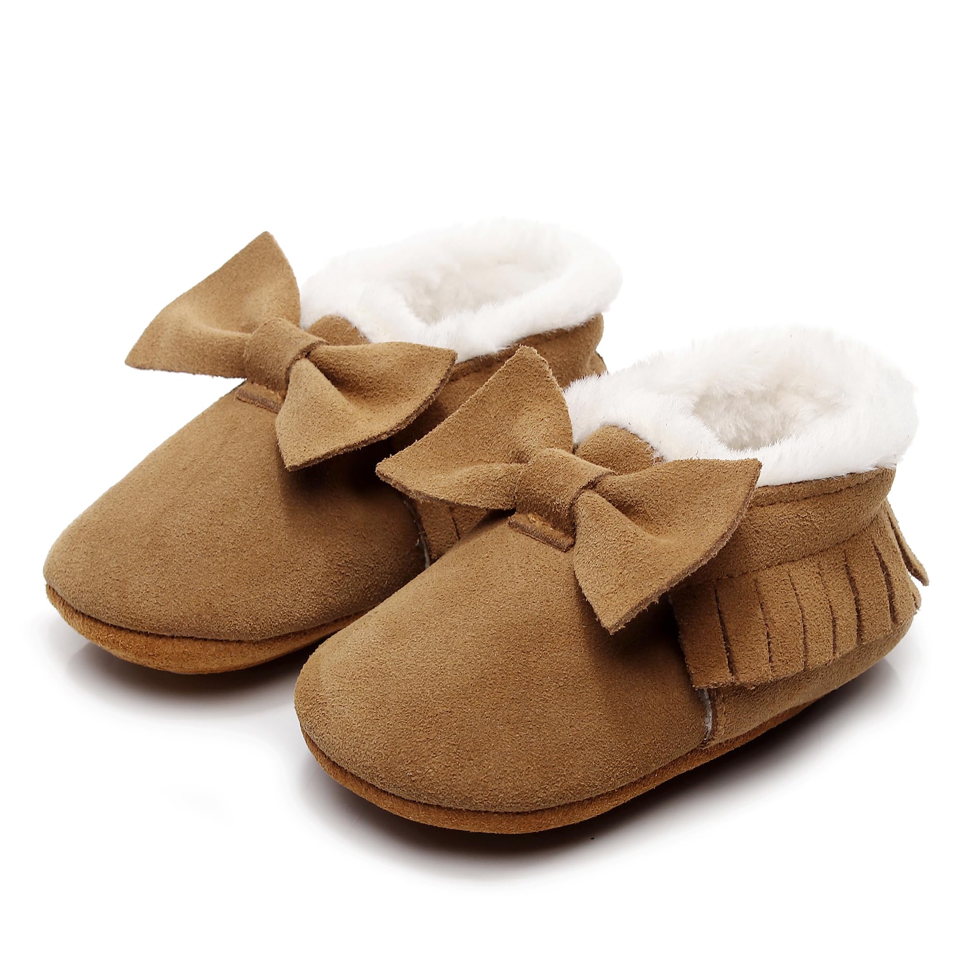 HONGTEYA Baby Moccasins with Fur Fleece Rubber Soles Warm Snow Boots Leather Baby Shoes for Boys Girls…