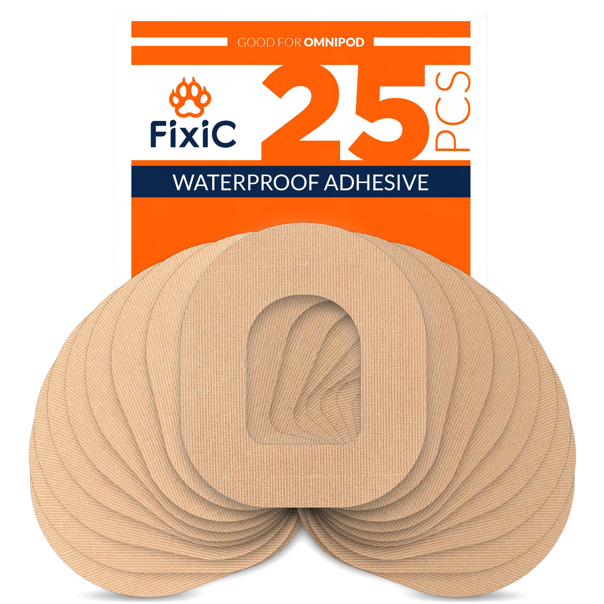 Fixic - 25 Pack - Adhesive Patches - Perfect for Omnipod - The Best Waterproof Adhesive Covers for Omnipod Sensors - Pre-Cut Back Paper - Long Fixation for Your Sensor! (Tan)