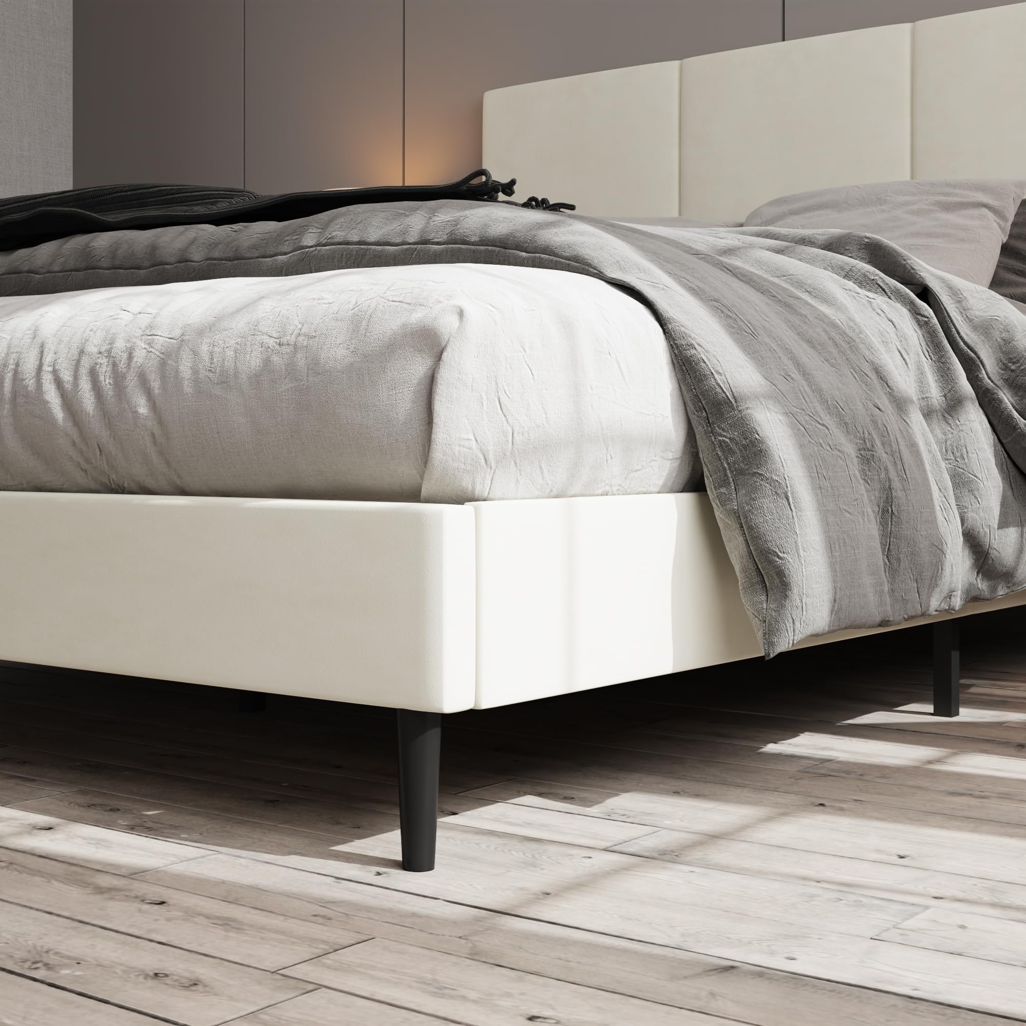 Base de cama tamaño Queen con cabecero, marco de cama de plataforma Queen de canal vertical, no requiere resortes, fácil de montar, beige 6