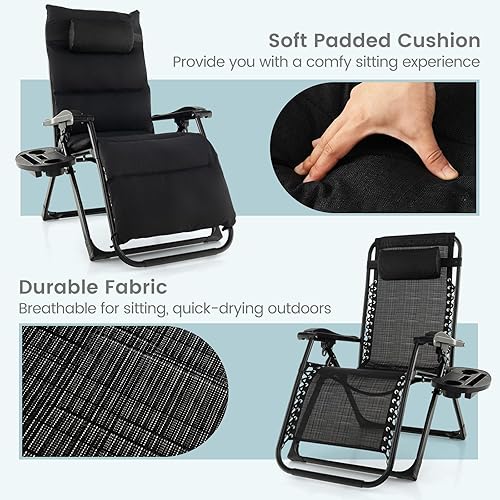 Miniatura 5 de Giantex Silla Zero Gravity con cojines de patio, silla reclinable plegable ajustable con almohada y soporte para tazas, sillón reclinable de césped