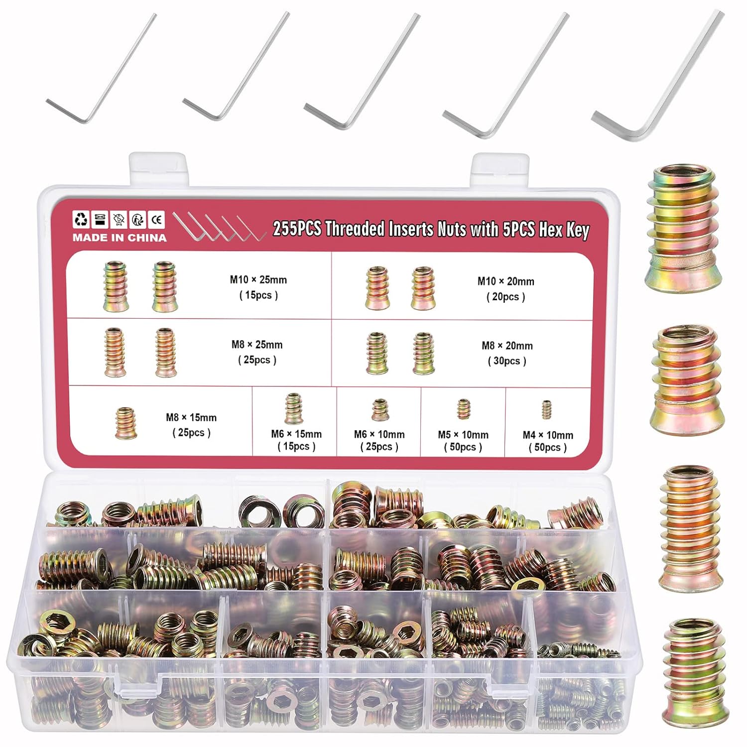 Knpwer 255 Pcs Threaded Inserts Nuts,Zinc Plated Carbon Steel Threaded