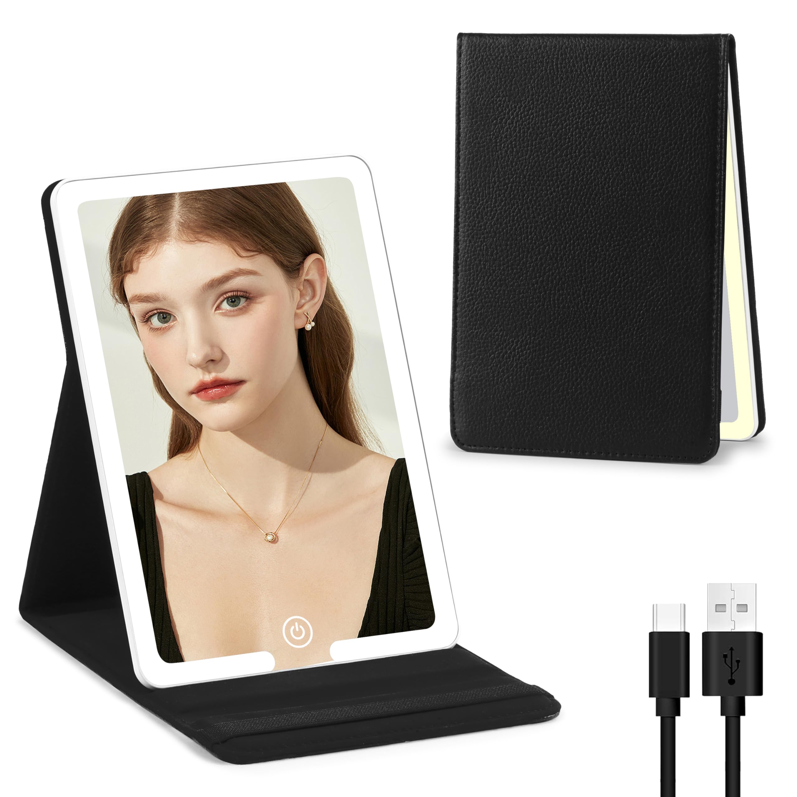 Travel Makeup Mirror with Lights, PU Leather Cover Vanity Mirror with 3 Light Settings, Rechargeable 1500mAh Lighted Makeup Mirror Portable Ultra-Slim LED Cosmetic Mirror of 8x5.5inch