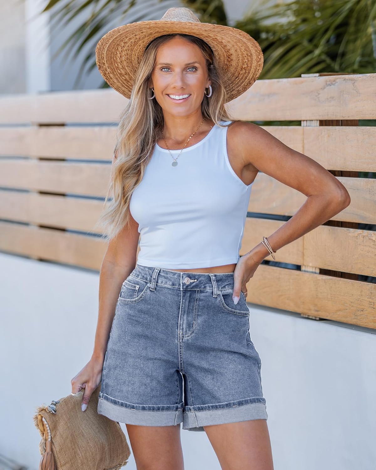 luvamia Jean Shorts for Women Trendy High Waisted Mid Thigh Fold Hem Cutoff Casual Summer Stretchy Denim Shorts Jorts - Image 6