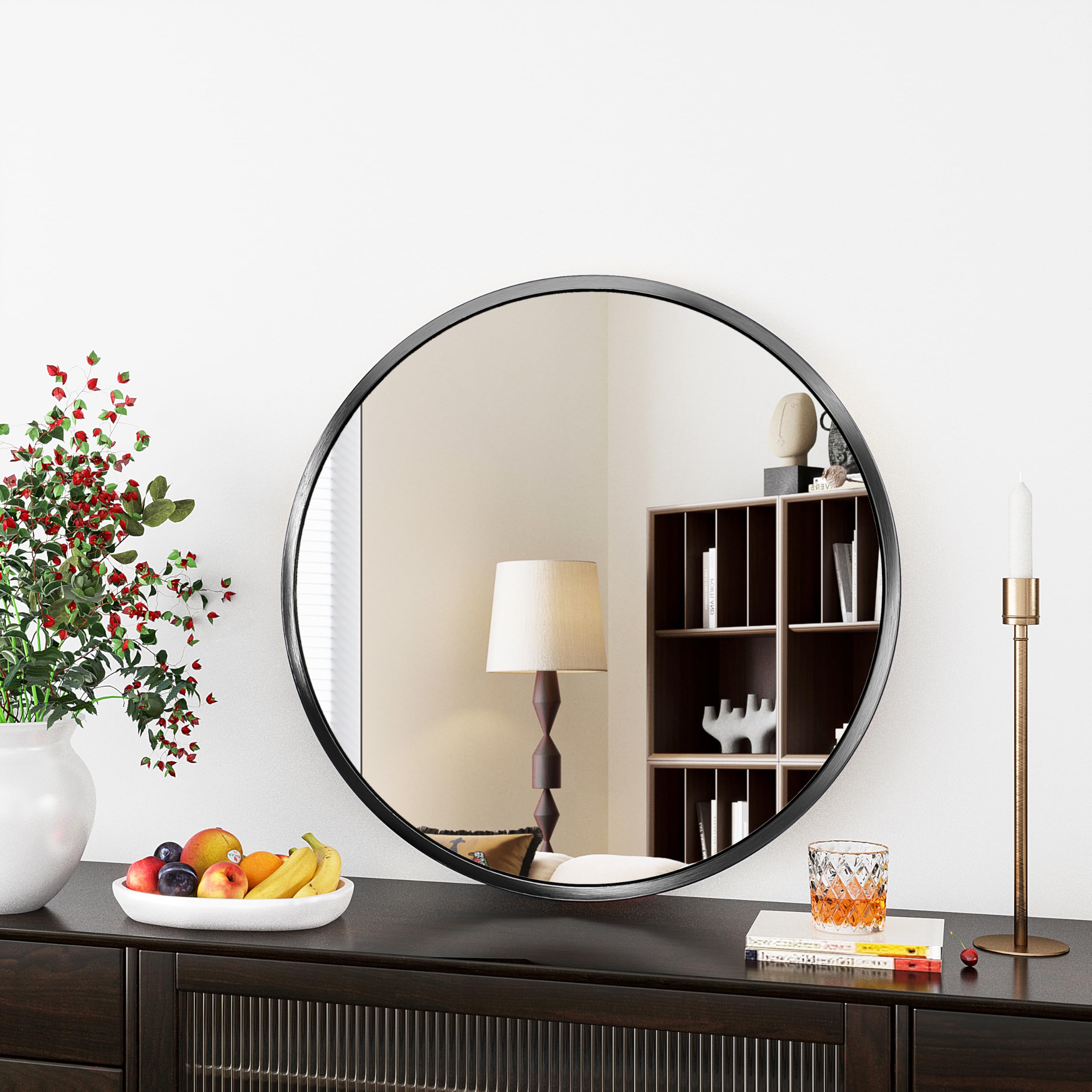 Specchio Bagno,Nero Specchio Rotondo, Diametro 50 cm, Design Moderno, Con Cornice in Alluminio, Specchio Rotondo da Parete, per Bagno, Soggiorno, Camera da Letto, Corridoio