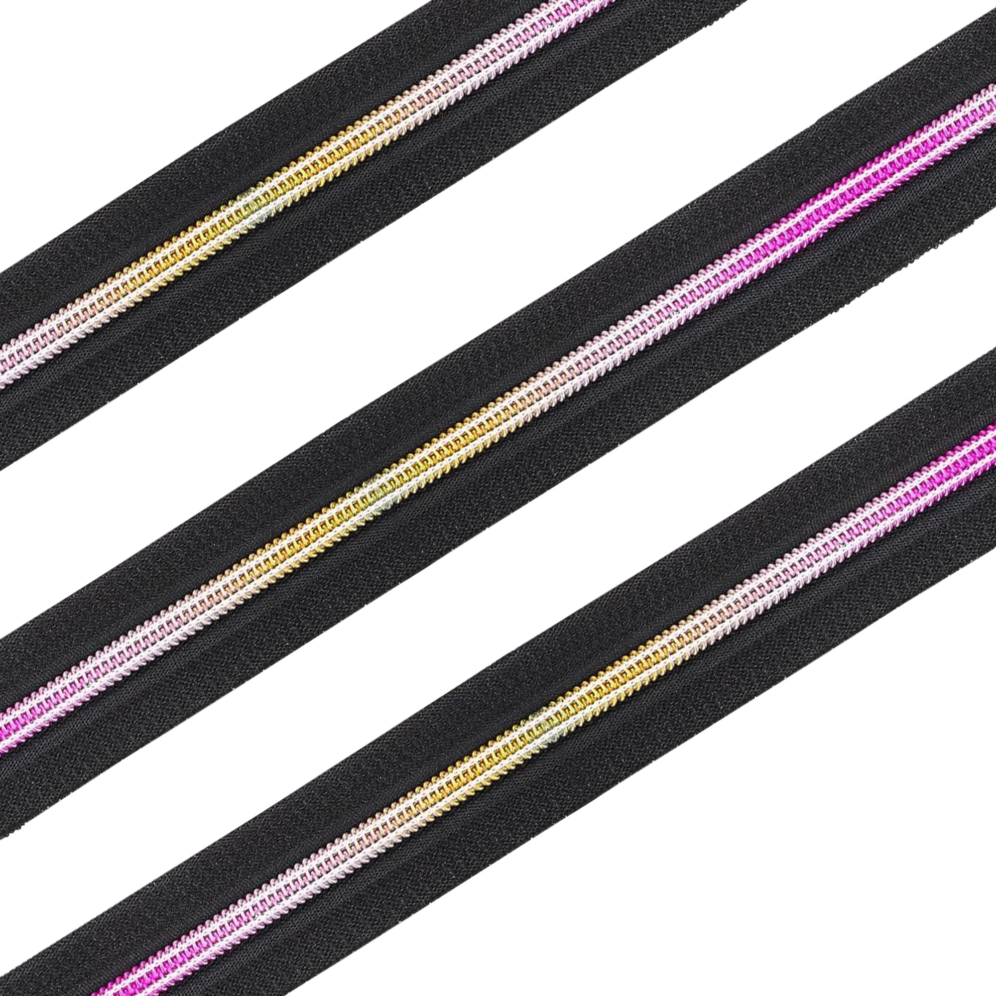 Trimming Shop Lot de 25 rubans de fermeture éclair en nylon arc-en-ciel #5 avec fermeture éclair noire de 10 mètres – Dents arc-en-ciel métalliques pour couture et couture