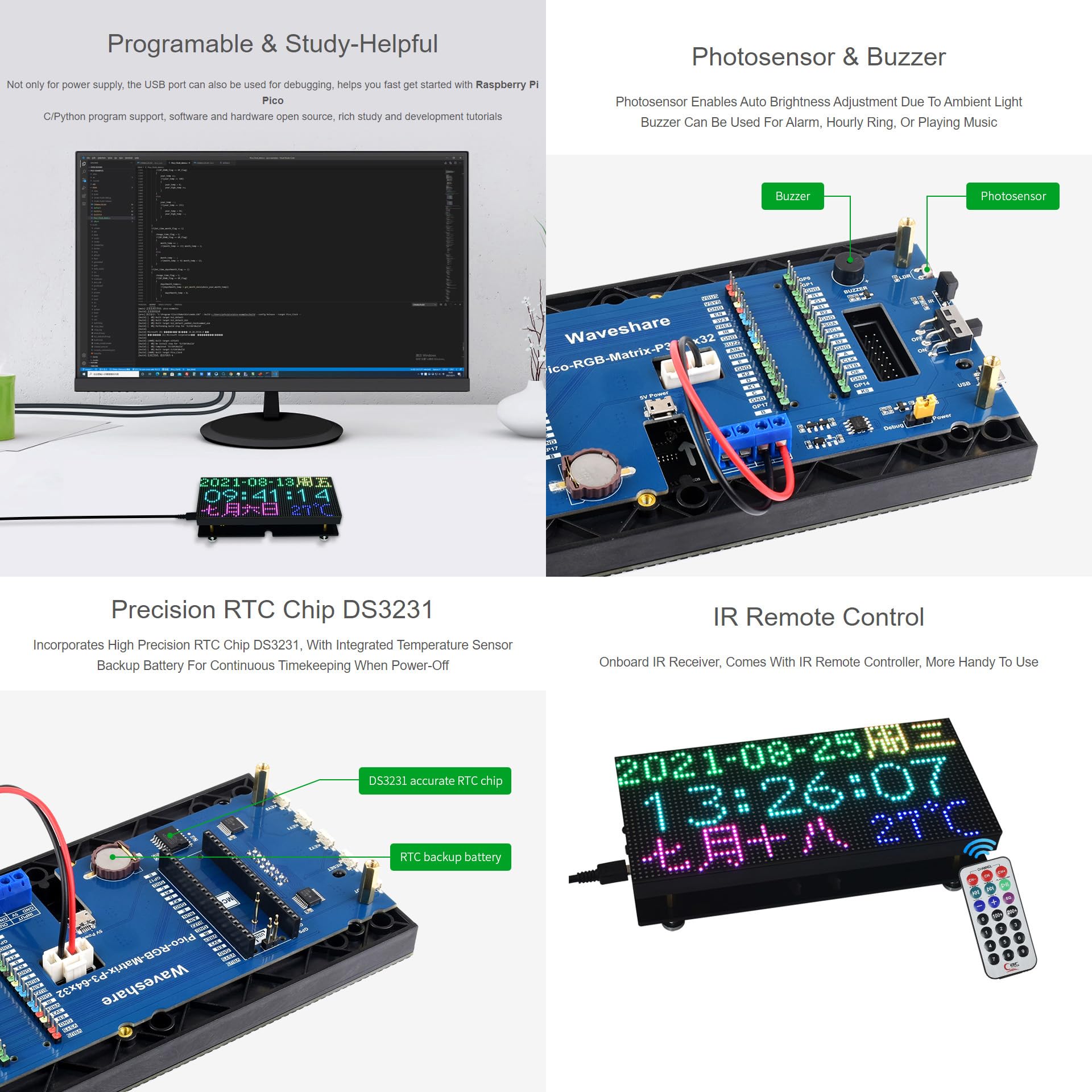 Waveshare RGB Full-Color Multi-Features Digital Clock For Raspberry Pi Pico 64×32 RGB Matrix Accurate RTC Multiple Functions Like Time/Date/Temperature Display etc.