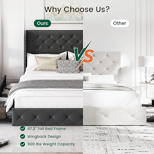 Miniatura 26 de LARMACE - Marco de cama tamaño King con 4 cajones de almacenamiento y cabecera tapizada con botones, cama de plataforma tapizada en lino con