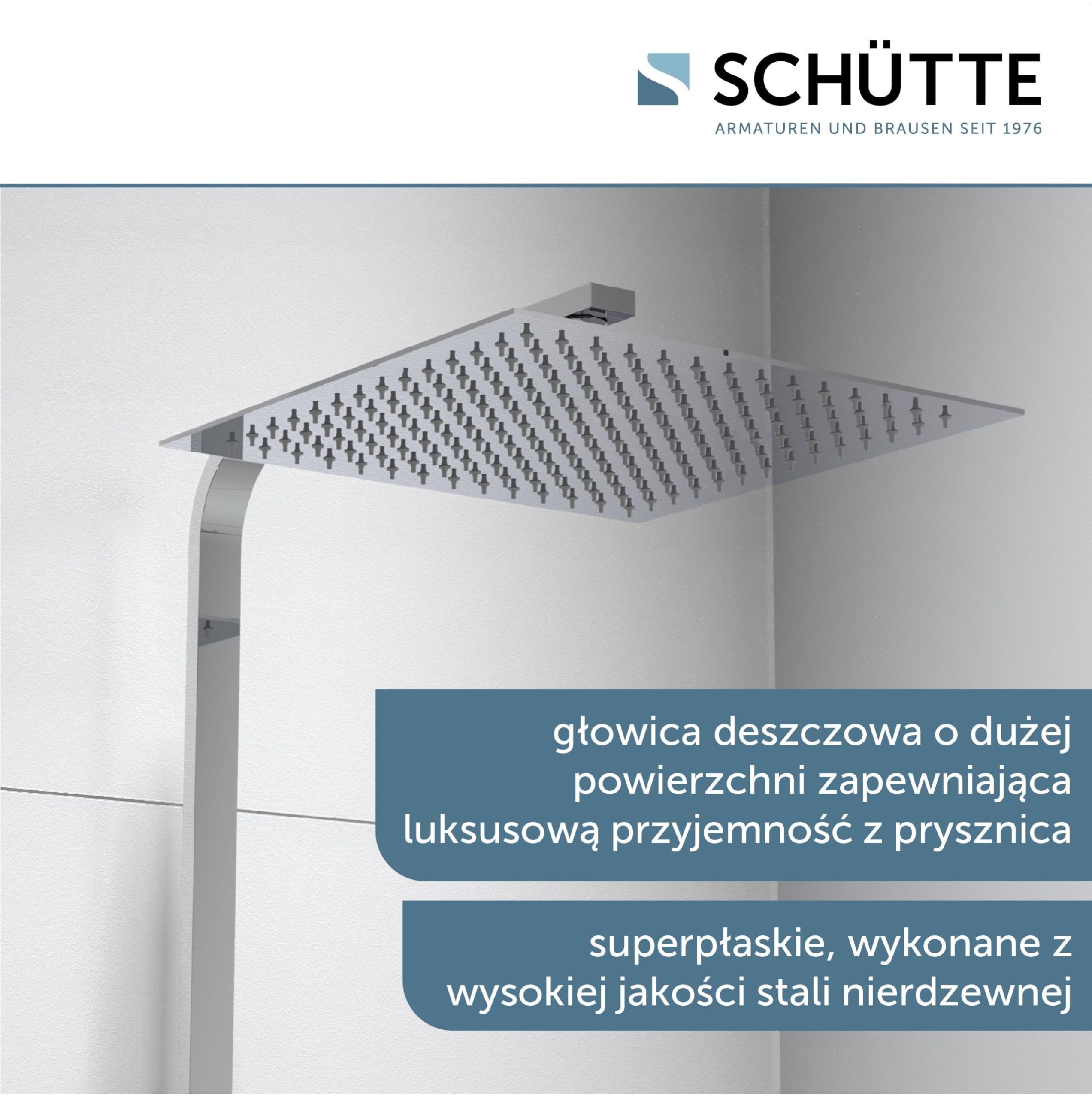 SCHÜTTE OCEAN 60531 system prysznicowy z termostatem i szklaną półką, 30 x 30 cm, deszczownica z uchwytem ściennym i panelem prysznicowym, kolumna prysznicowa w kolorze chromowym/antracytowym