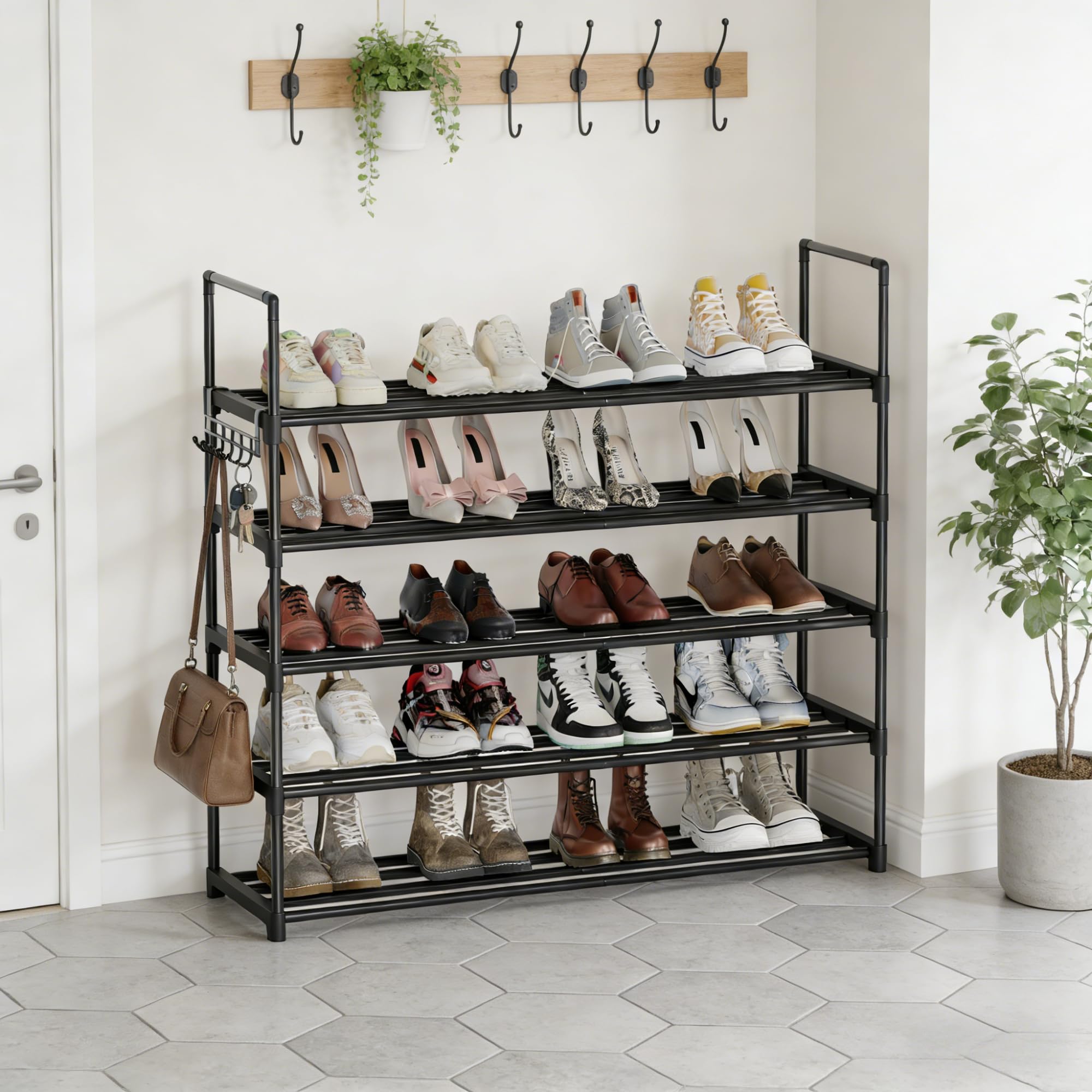 Scarpiera 5 Ripiani, Scarpiera Salvaspazio in Metallo, Porta Scarpe Verticale o Capovolta, per 20–30 Paia di Scarpe, Scaffale Salvaspazio Impilabile, Scarpiera Ingresso o da Esterno, Nera