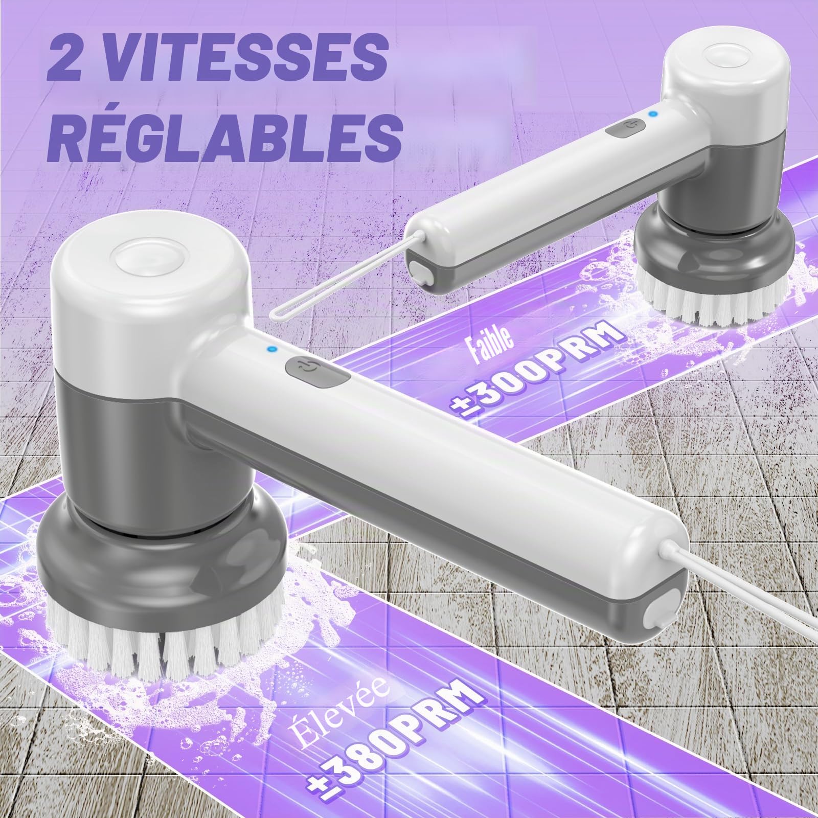 Brosse de Nettoyage Électrique de Bain, Brosse de Nettoyage sans Fil avec 5 Têtes Interchangeables, Recharge USB-C, Idéale pour Carrelage, Baignoire, Joints et Cuisine