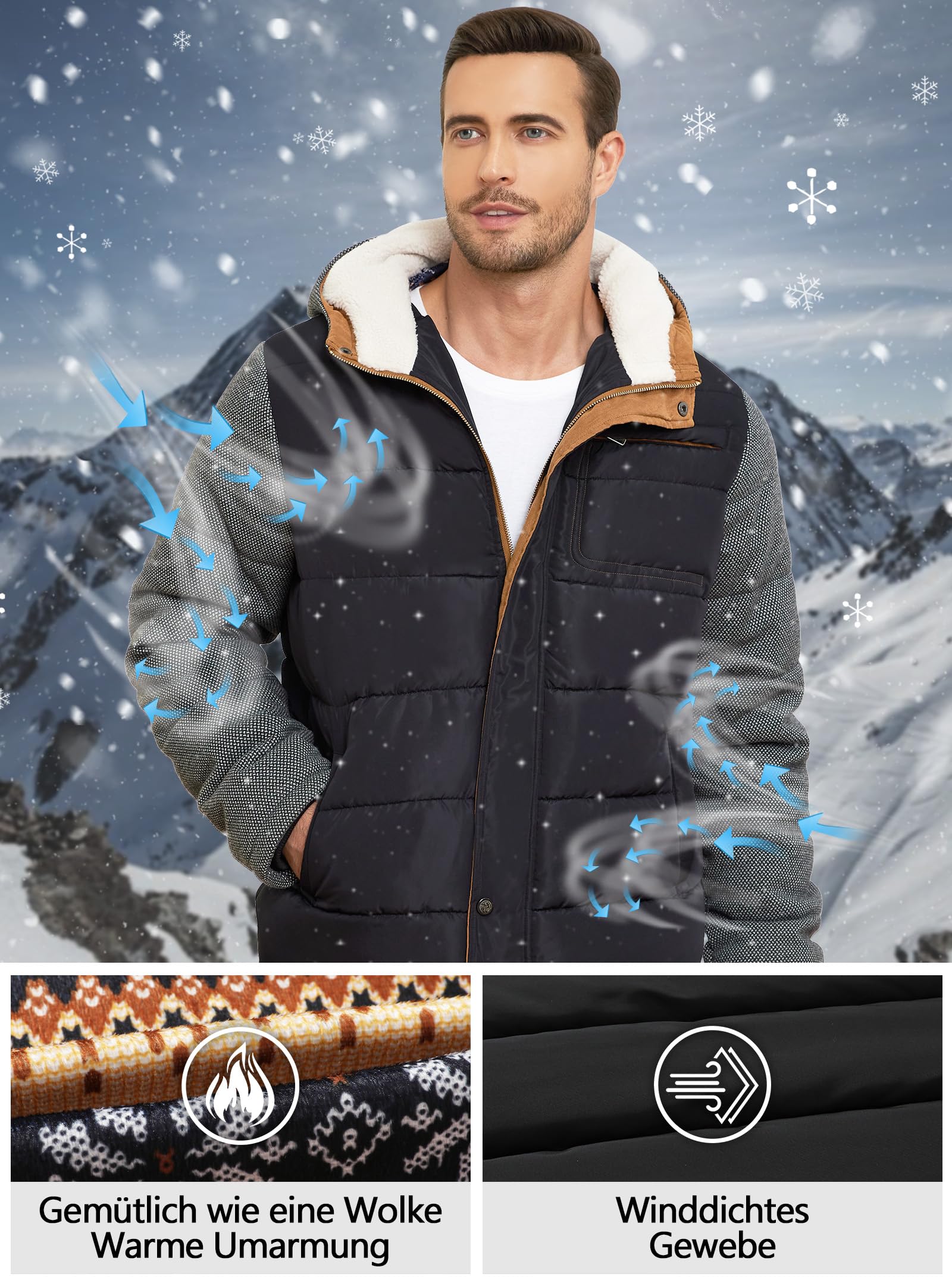 Zaitun Herren Winterjacke Warme Fleecejacke Gefüttert Windbreaker mit Kapuze Winddichte Outdoor Jacken Thermo Puffer Jacke