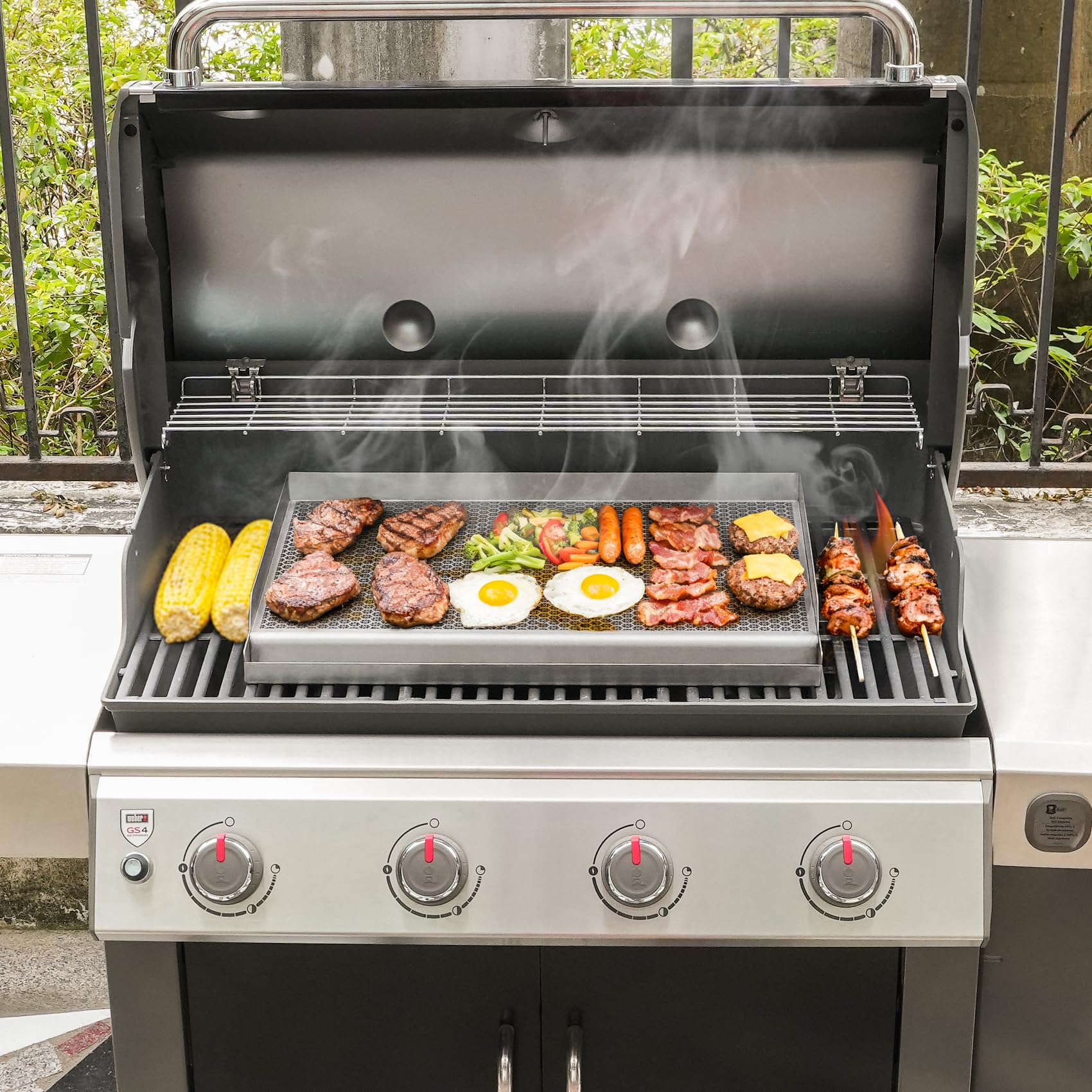 onlyfire Nieprzywierająca hybrydowa płyta grillowa/plancha, płyta grillowa ze stali nierdzewnej z korytem na tłuszcz, do większości grilli gazowych i węglowych, płyta grzewcza z powłoką o strukturze