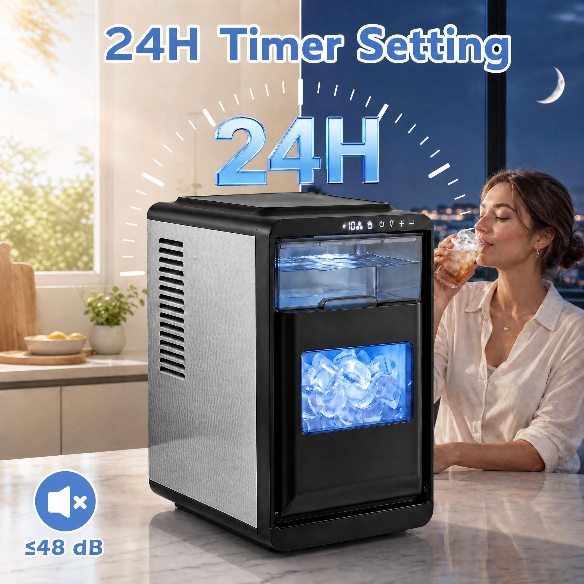 LIFEZEAL Macchina Ghiaccio 12kg/24h, Serbatoio 1,8L, Autopulente | Macchina del Ghiaccio Silenzioso con Cestello Paletta, 11 Livelli di Spessore Regolabile, per Casa/Cucina/Ufficio/Bar