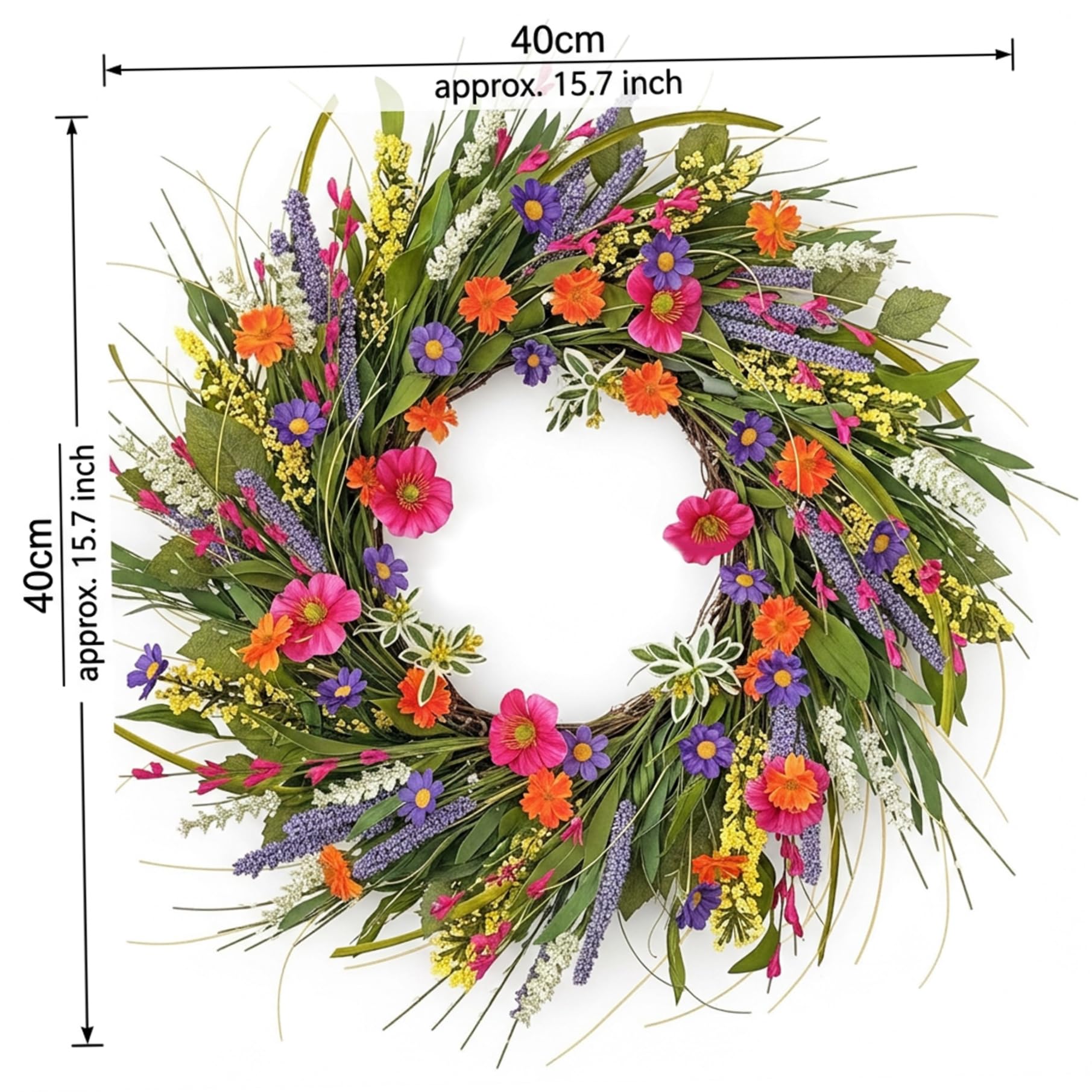 Wildblumenkranz für die Haustür, 40, 6 cm, bunter Frühlingskranz mit realistischen Seidenblumen, Sommerkränze für die ganzjährige Heimdekoration