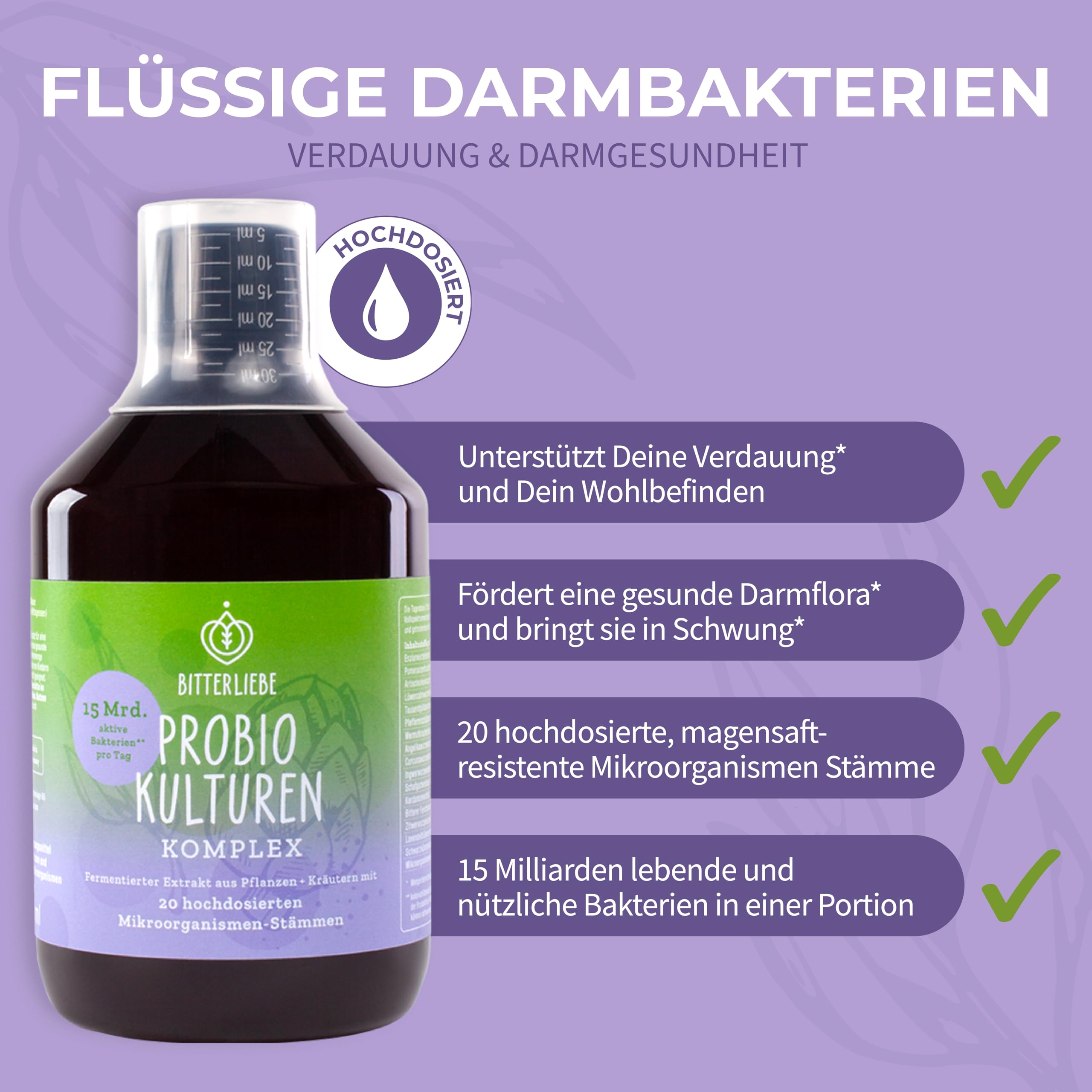 BitterLiebe® Bitter Probio-Kulturen Komplex - flüssige Darmbakterien - magensaftresistentes Mittel mit 20 Bakterienstämmen-15 Milliarden Bakterien
