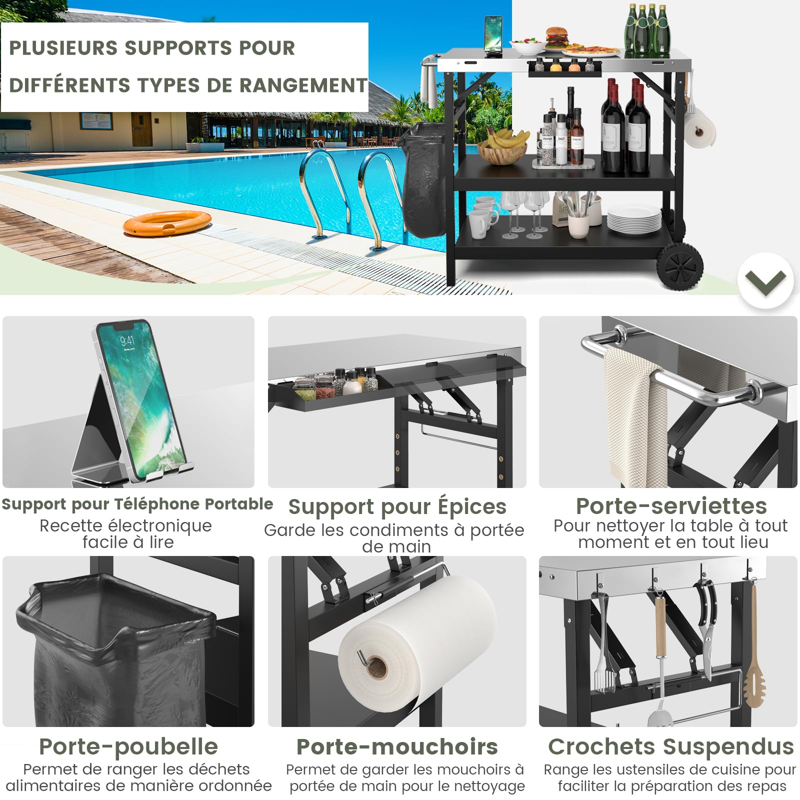 GYMAX Chariot Barbecue Pliable 3 Niveaux, Desserte Jardin Mobile avec 2 Roues, Robuste en 201 Acier Inoxydable, avec Tablette à Épices, Porte-Poubelle, Porte-Mouchoirs,106x52x84cm