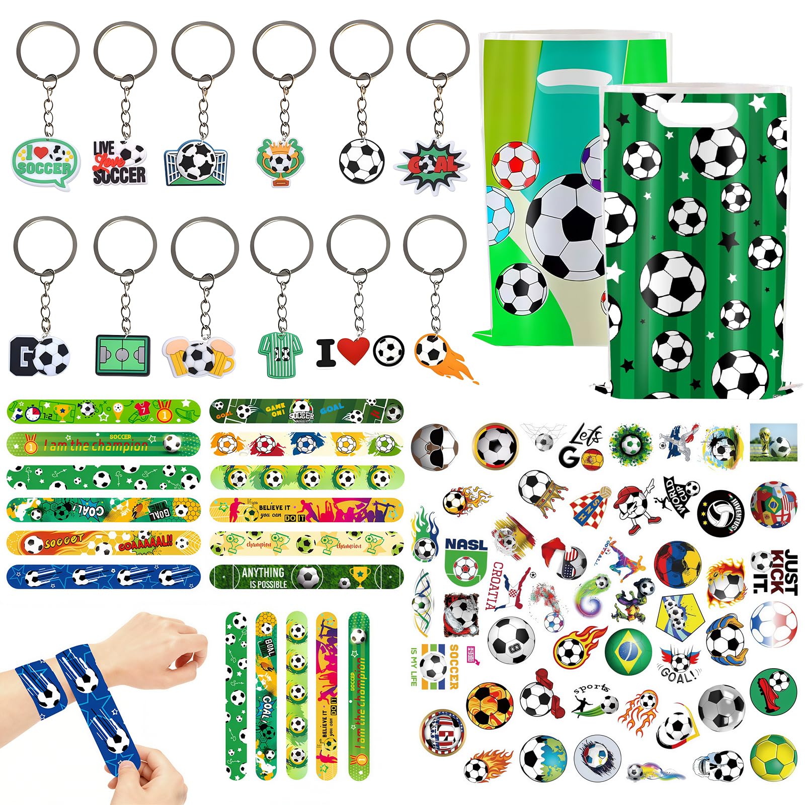 Football Party Bag Fillers for Kids, 95 Pcs Green Football Party Bags with Fillers, 20 Gift Bags, 12 Keyrings, 12 Slap Bracelets & 51 Stickers, Football Birthday Party Favours for Boys Girls