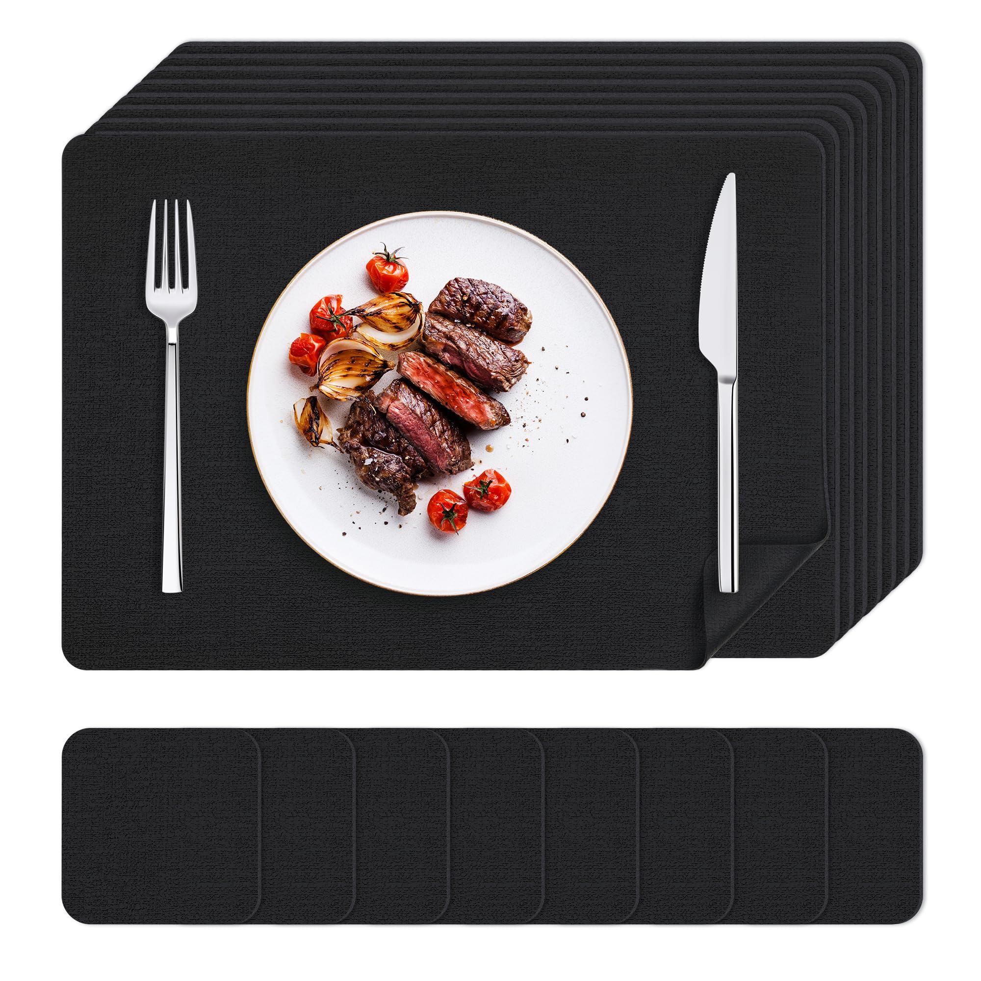 KitchenBoss Tovagliette Americane Lavabili con Sottobicchieri, Set di 8 Tovagliette Colazione Effetto Pelle Resistenti al Calore, Impermeabili su Entrambi i Lati, 43×30 cm, Nero