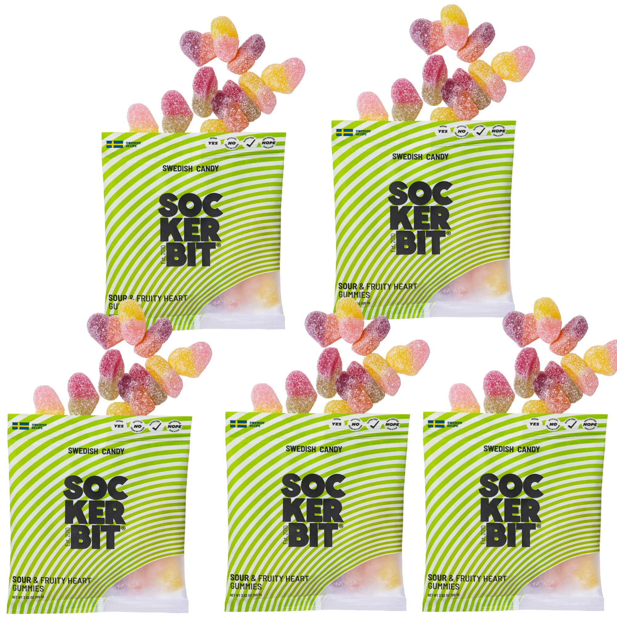 Sockerbit Swedish Candy Sour & Fruity Heart Gummies, 5 Bags, Sweet & Sour Candy, Apple Cherry, Cassis Peach & Pineapple Strawberry, Sugar-Coated Chewy