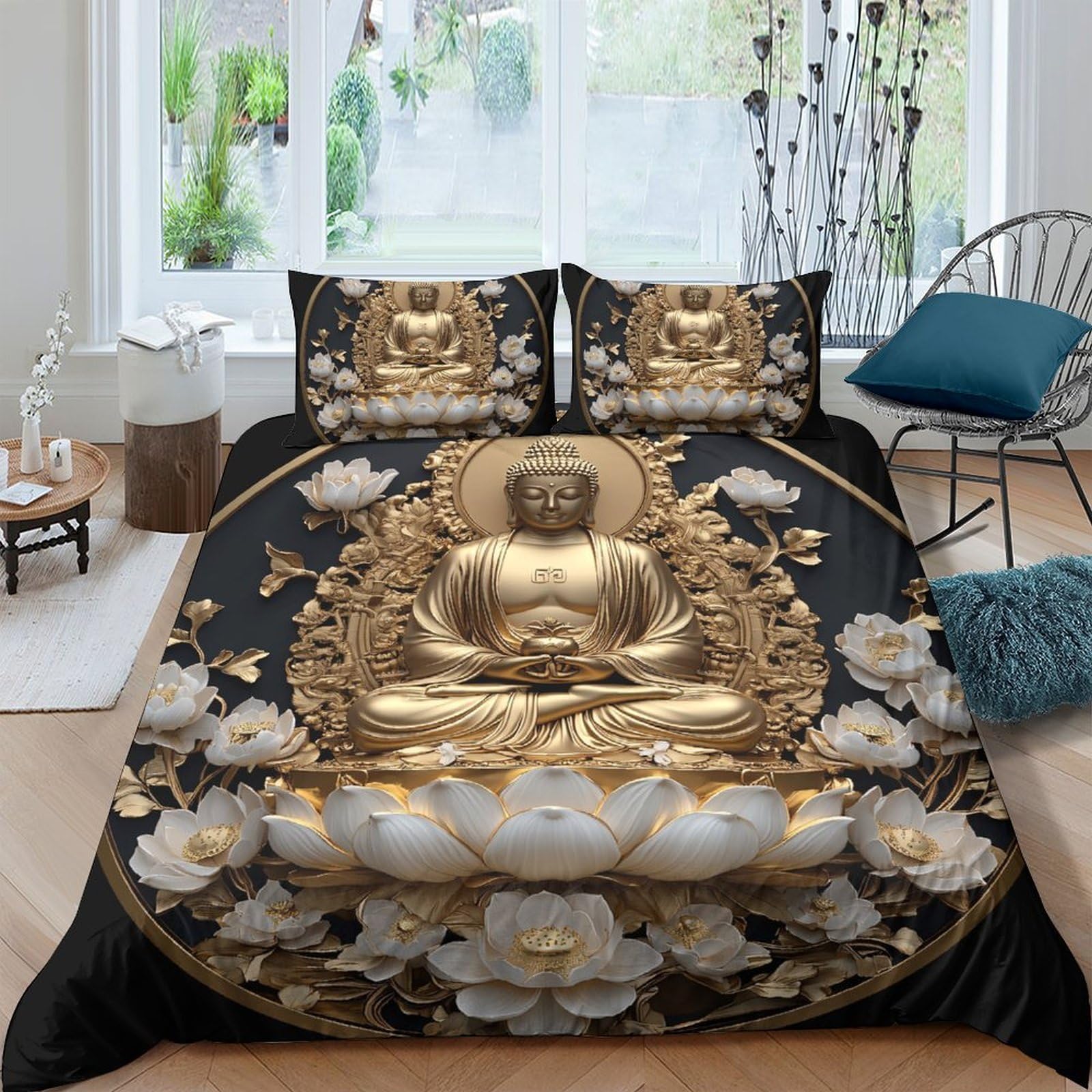 Ctjqhvkz Style-10 3D Printed Golden Buddha Fitted Sheet Microfiber Soft Black Lotus Bed Cover For Bedroom Dorm Mattress Protection Decor Single（135X200cm）